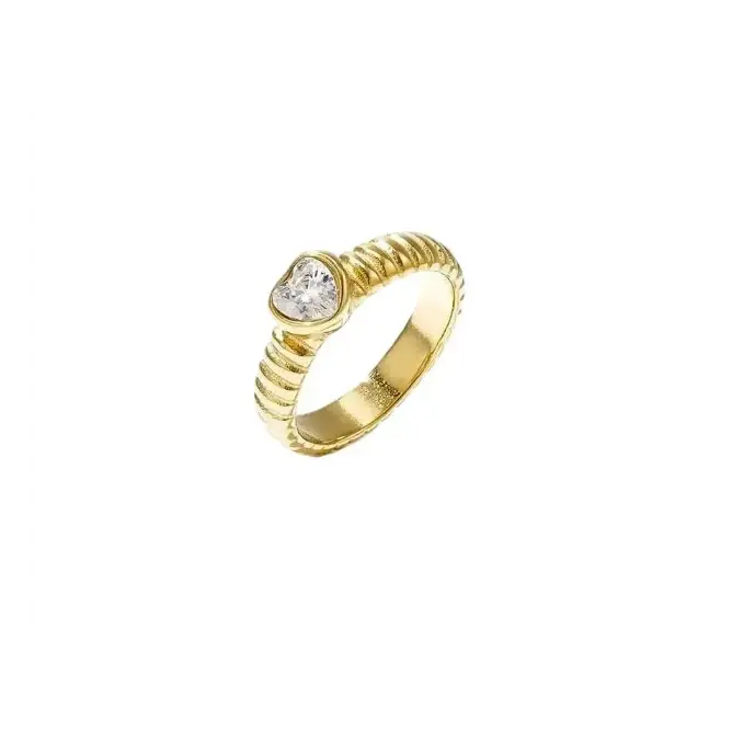 A gold-plated statement ring featuring a textured ribbed band set with a central brilliant-cut clear crystal heart solitaire inside a smooth bezel. amour-heart-ribbed-ring.webp