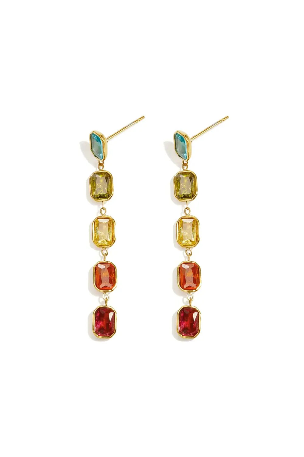 A pair of gold-plated stainless steel linear drop earrings featuring a vertical chain of five multi-coloured emerald-cut cubic zirconia crystals against a white background. camilla-multi-gemstone-linear-drop-earrings.webp