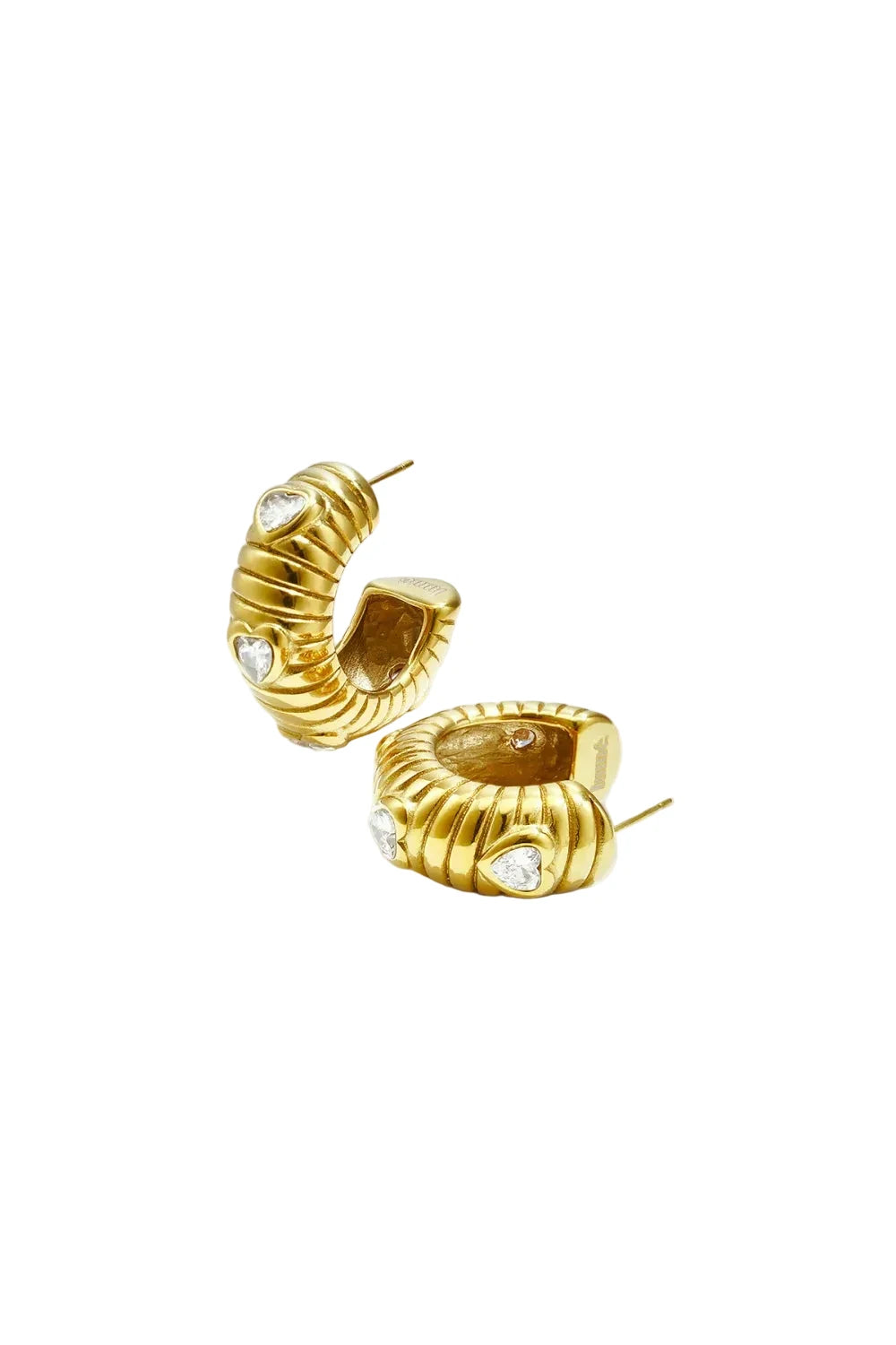 Chunky ribbed gold hoop earrings with heart-cut crystal accents