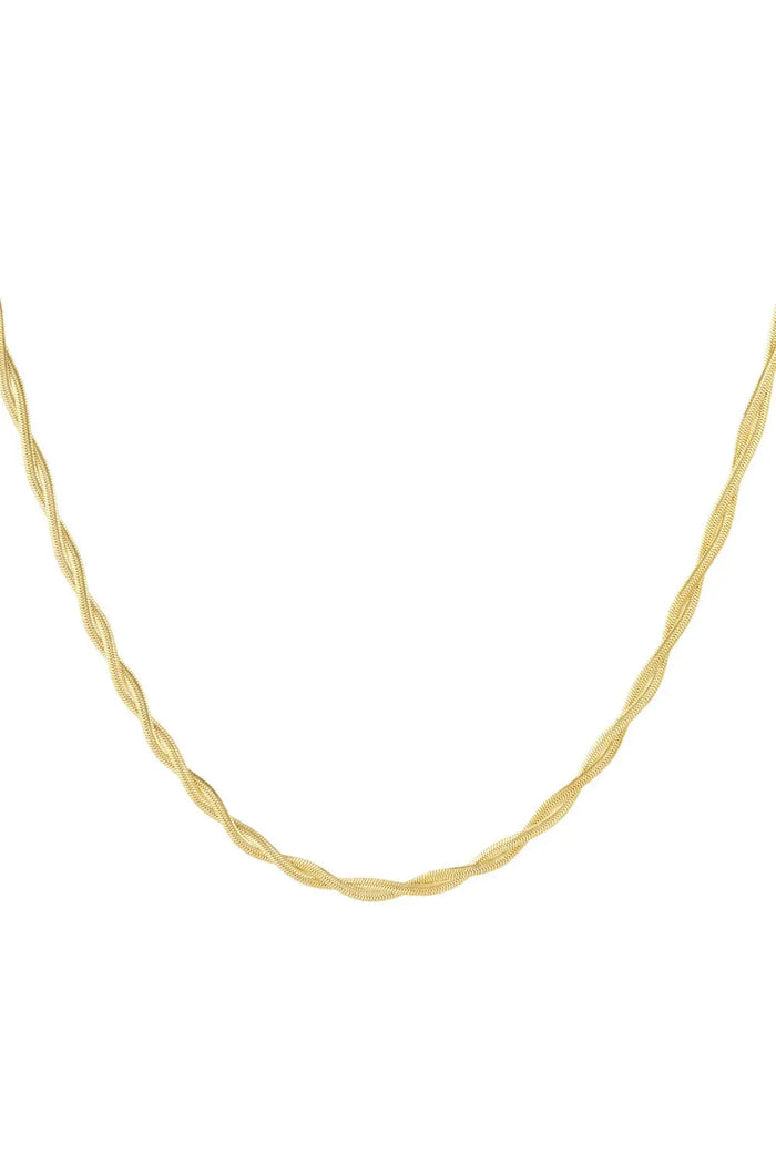 A gold-plated stainless steel chain necklace featuring three strands of flat liquid herringbone chain tightly braided into a twisted rope design against a white background. milano-twisted-herringbone-necklace.webp
