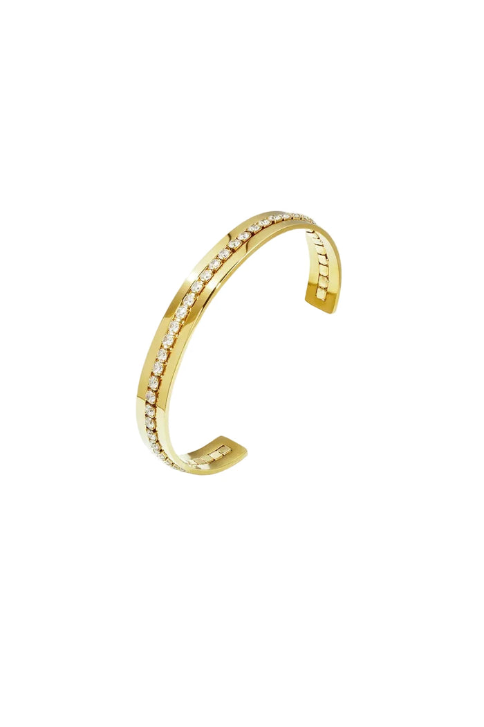Gold open cuff bangle bracelet with a row of crystals along one edge