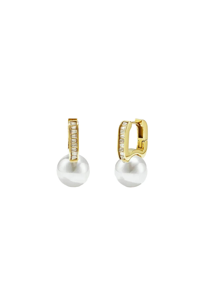 Gold huggie hoop earrings with baguette crystals and a pearl drop