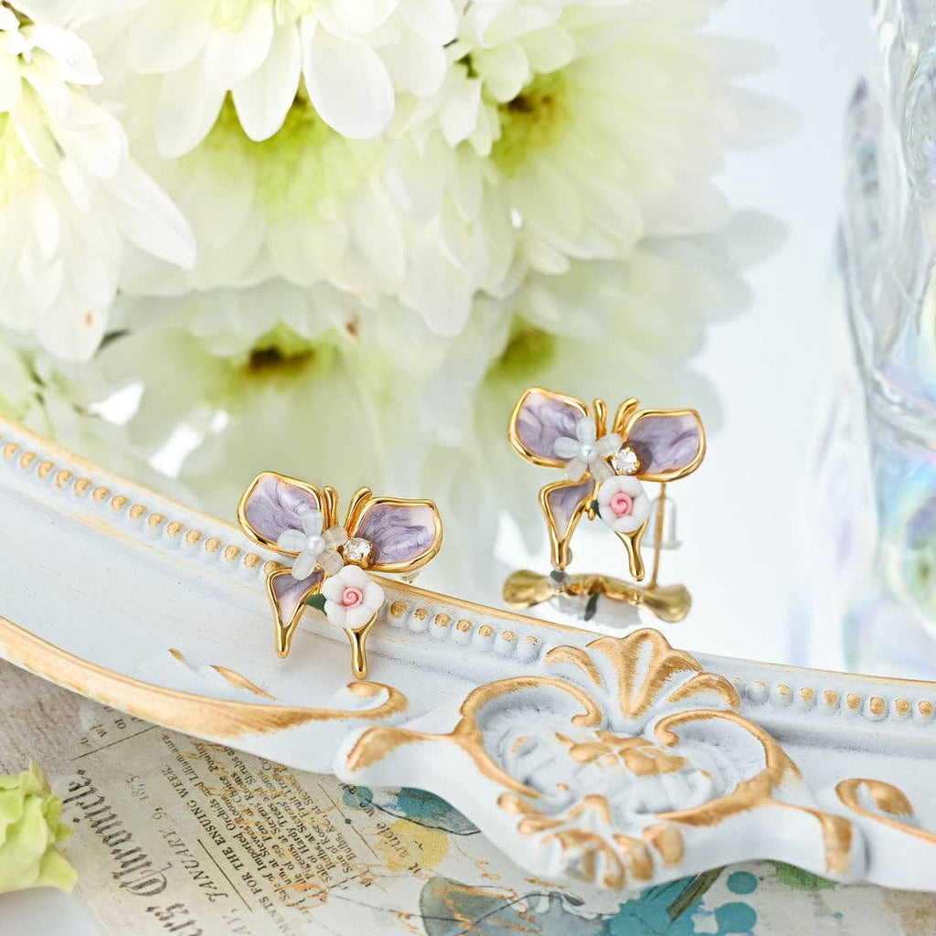 "Lila" Enameled Butterfly & Blossom Stud Earrings