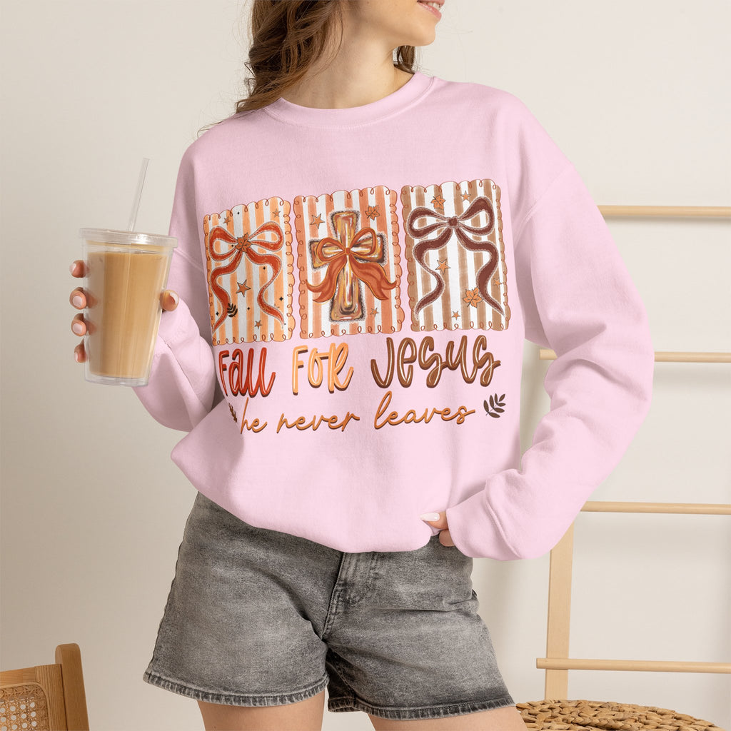 Fall for Jesus Crewneck Sweatshirt — Autumn Faith Pullover ("He Never Leaves")