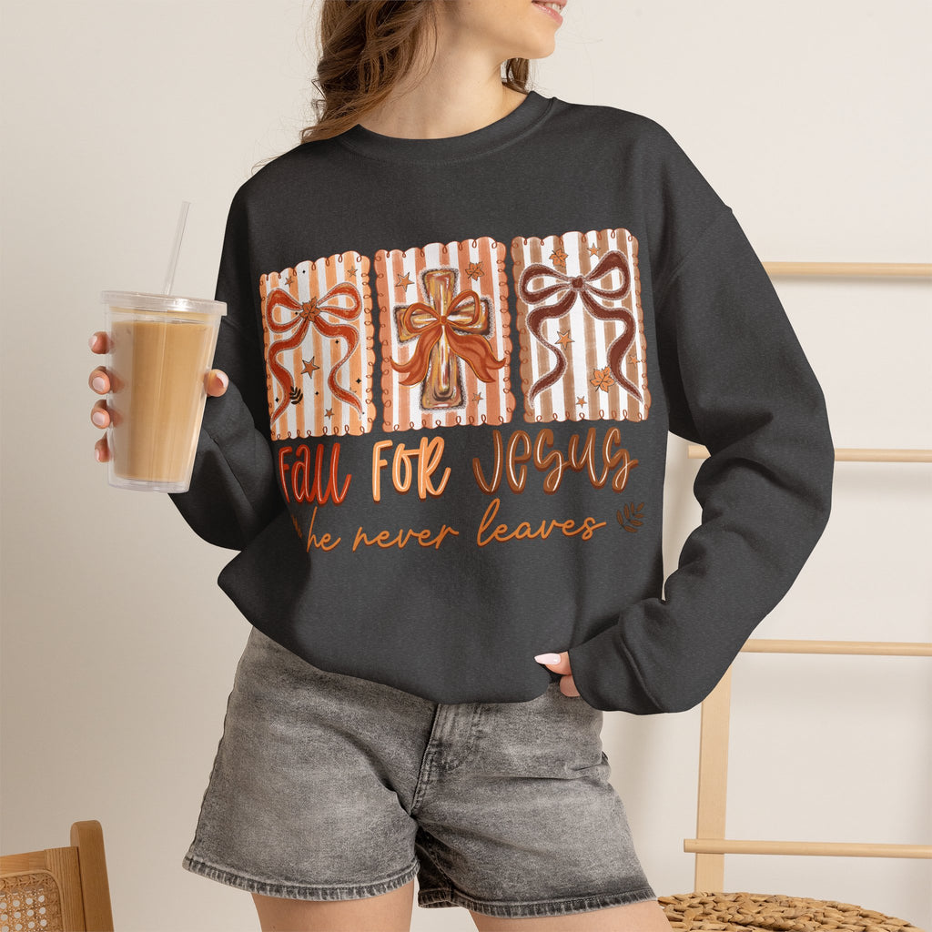 Fall for Jesus Crewneck Sweatshirt — Autumn Faith Pullover ("He Never Leaves")