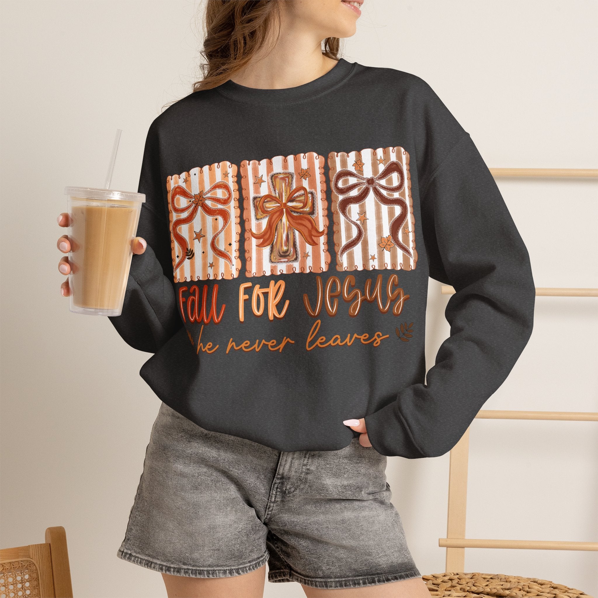 Fall for Jesus Crewneck Sweatshirt — Autumn Faith Pullover ("He Never Leaves")