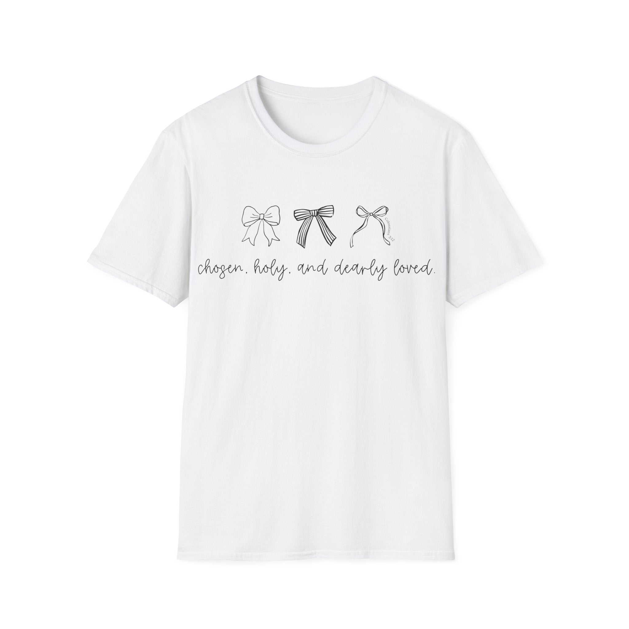 T-Shirt — 'Rejoice, Holy, and Dearly Loved' Bow Graphic Tee