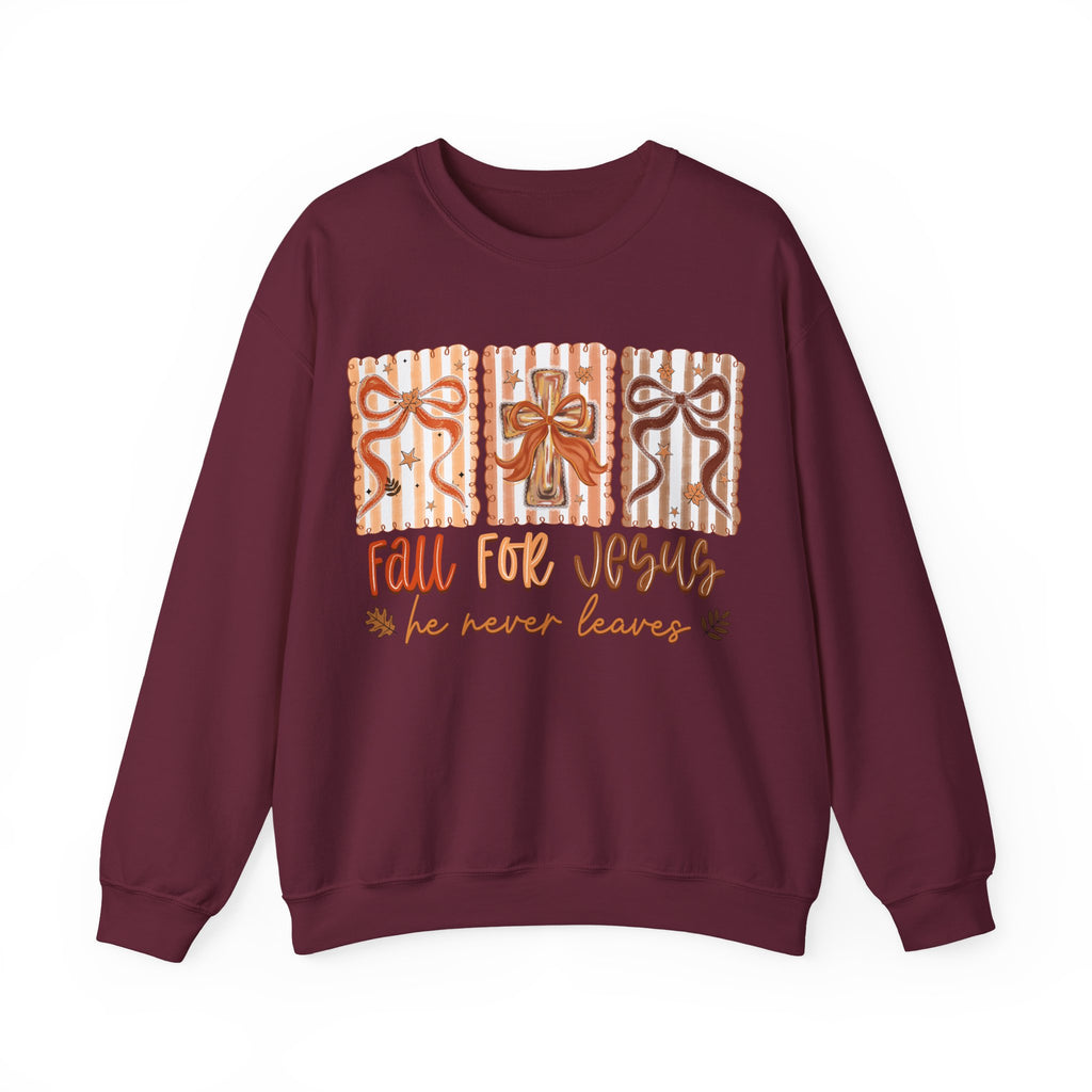 Fall for Jesus Crewneck Sweatshirt — Autumn Faith Pullover ("He Never Leaves")