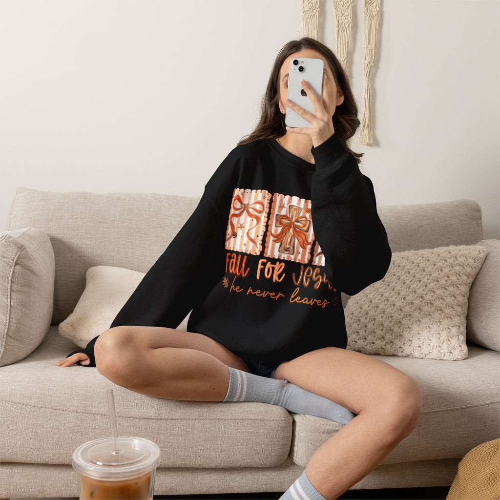 Fall for Jesus Crewneck Sweatshirt — Autumn Faith Pullover ("He Never Leaves")