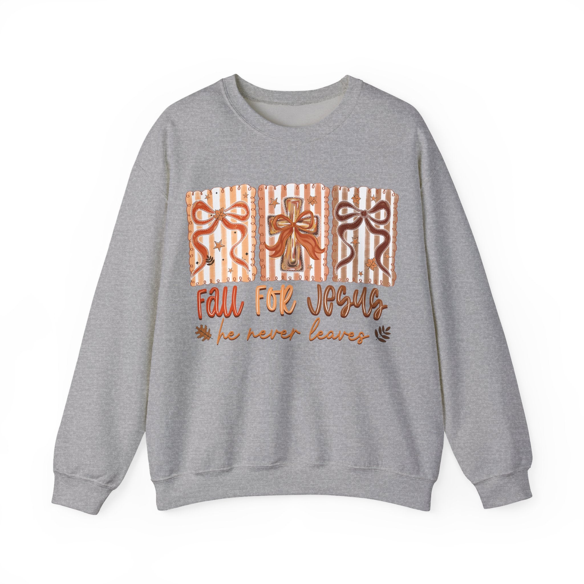 Fall for Jesus Crewneck Sweatshirt — Autumn Faith Pullover ("He Never Leaves")