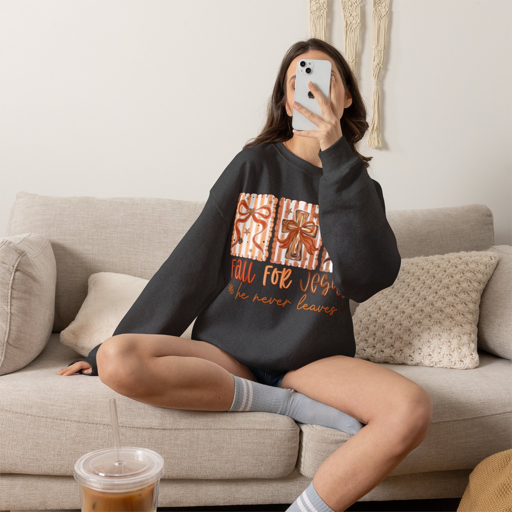 Fall for Jesus Crewneck Sweatshirt — Autumn Faith Pullover ("He Never Leaves")