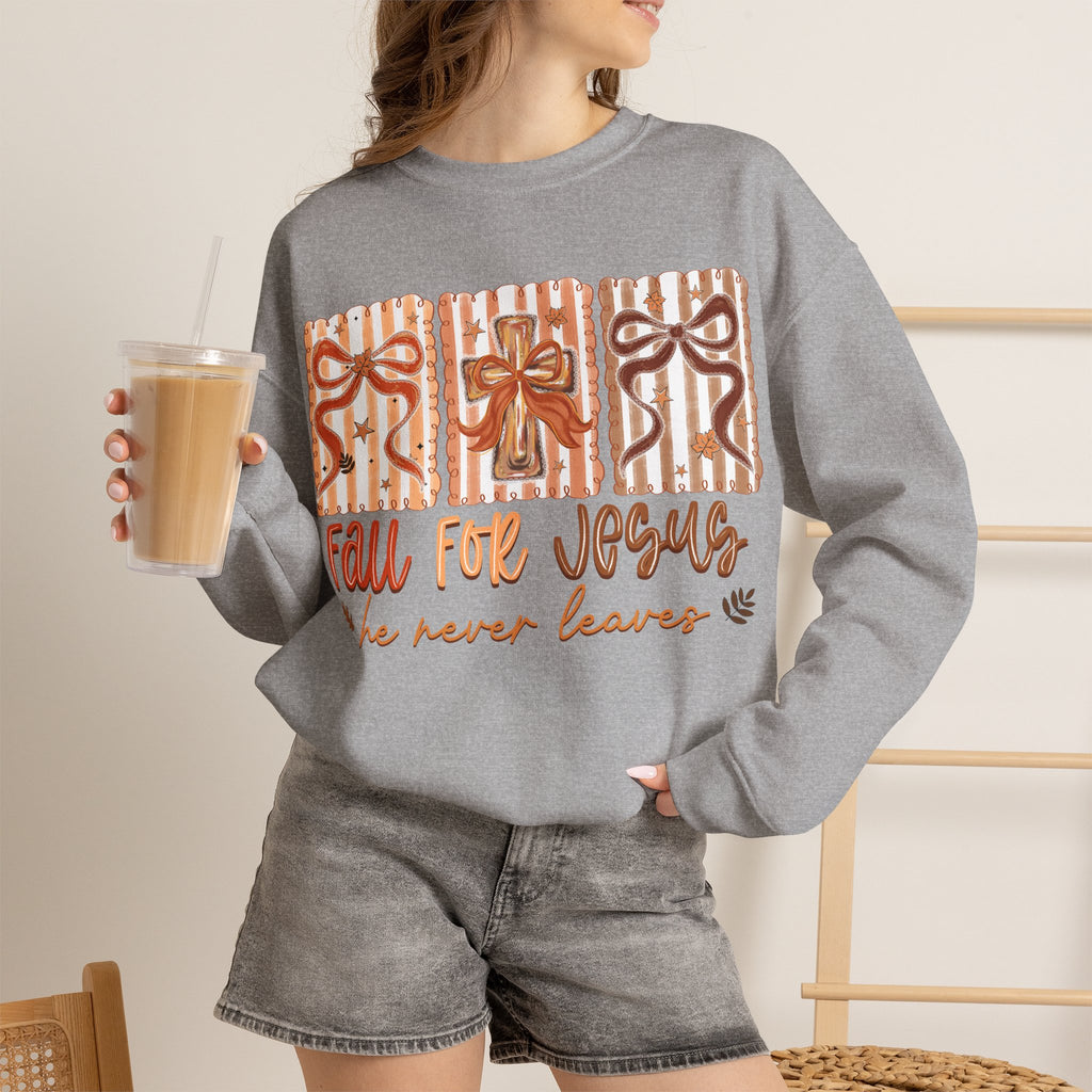 Fall for Jesus Crewneck Sweatshirt — Autumn Faith Pullover ("He Never Leaves")