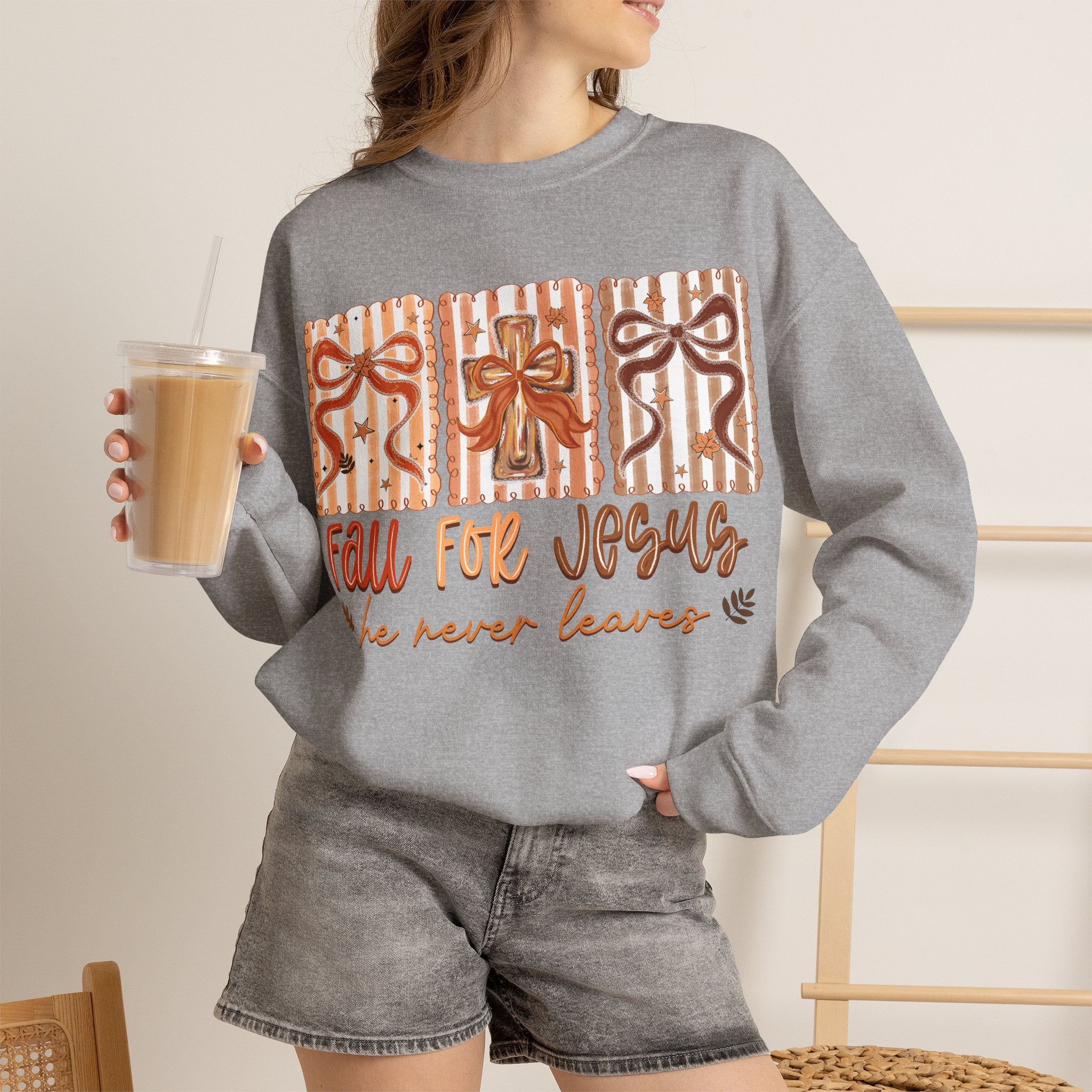 Fall for Jesus Crewneck Sweatshirt — Autumn Faith Pullover ("He Never Leaves")