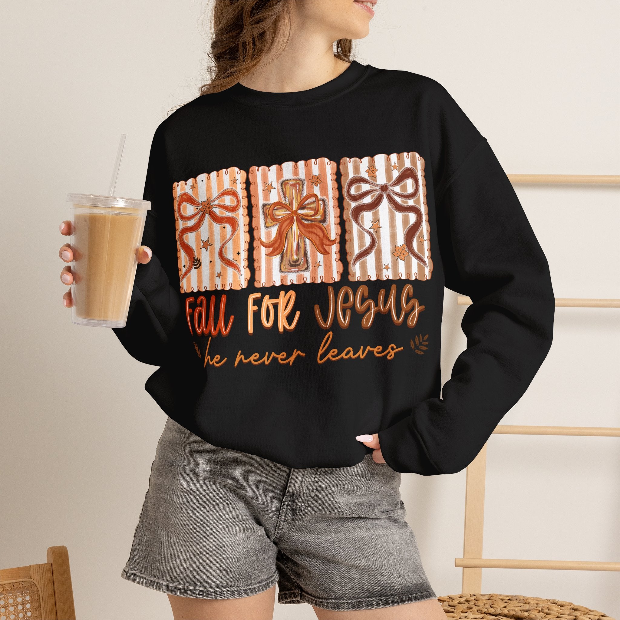 Fall for Jesus Crewneck Sweatshirt — Autumn Faith Pullover ("He Never Leaves")