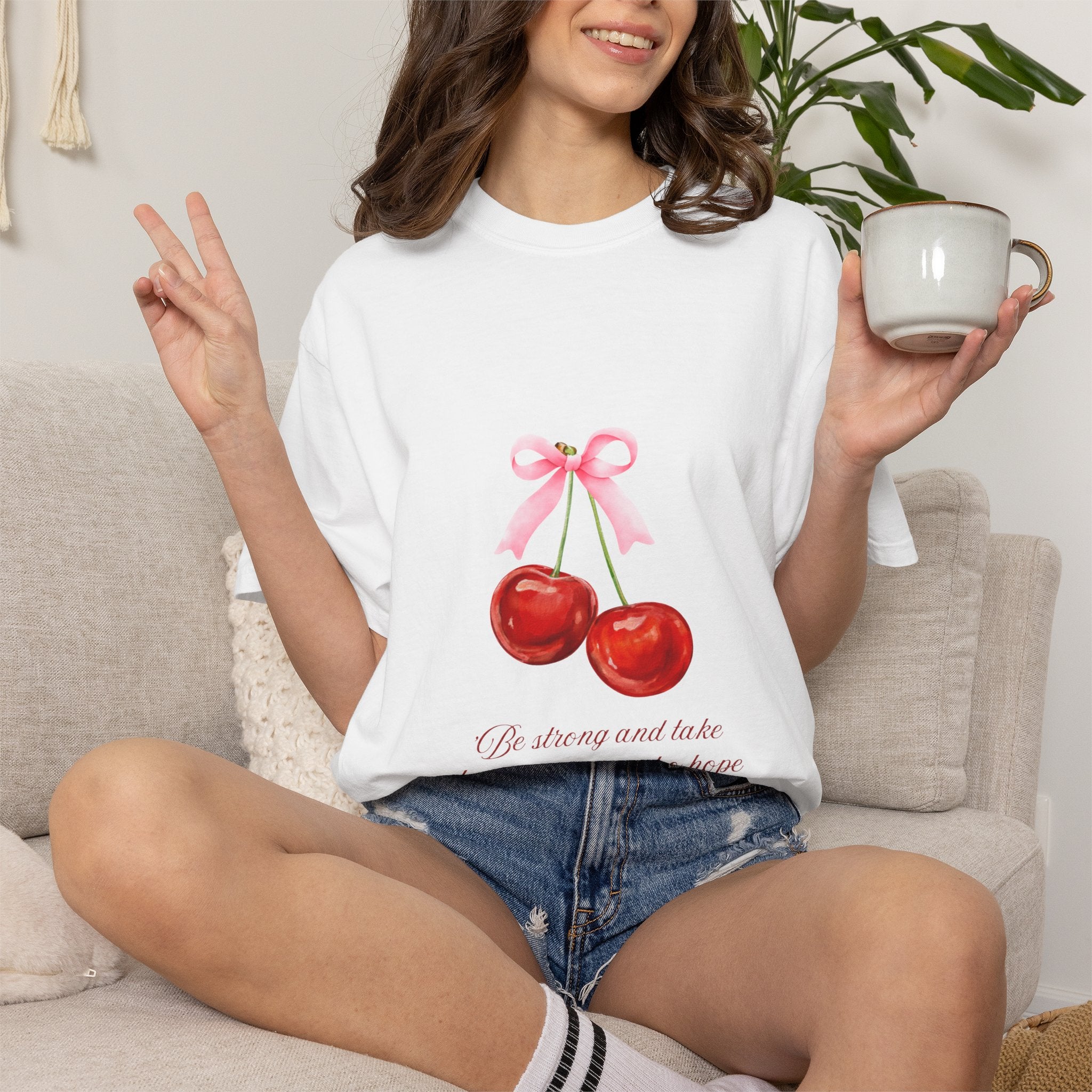 Cherry Illustration T-Shirt — "Be strong and take heart; all you who hope in the Lord" Christian Scripture Tee