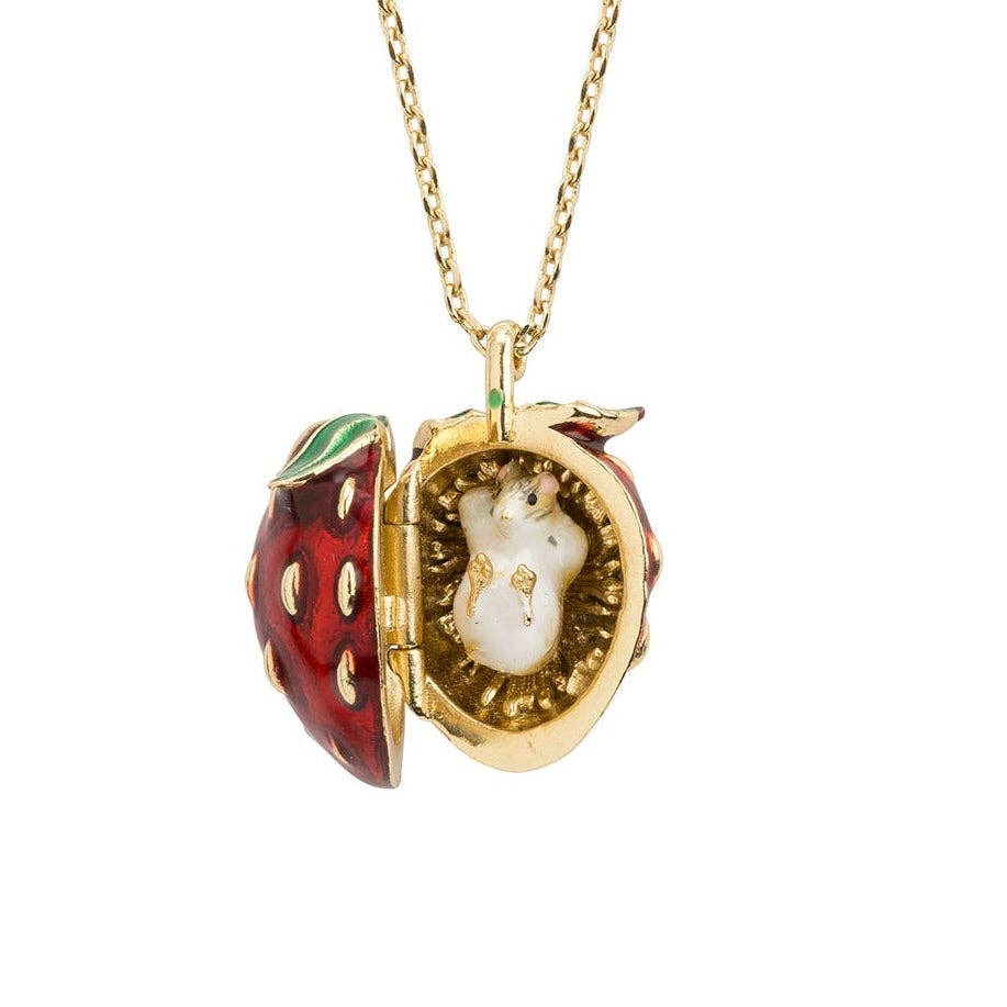 "Sweet Secret" Opening Strawberry Mouse Pendant Necklace