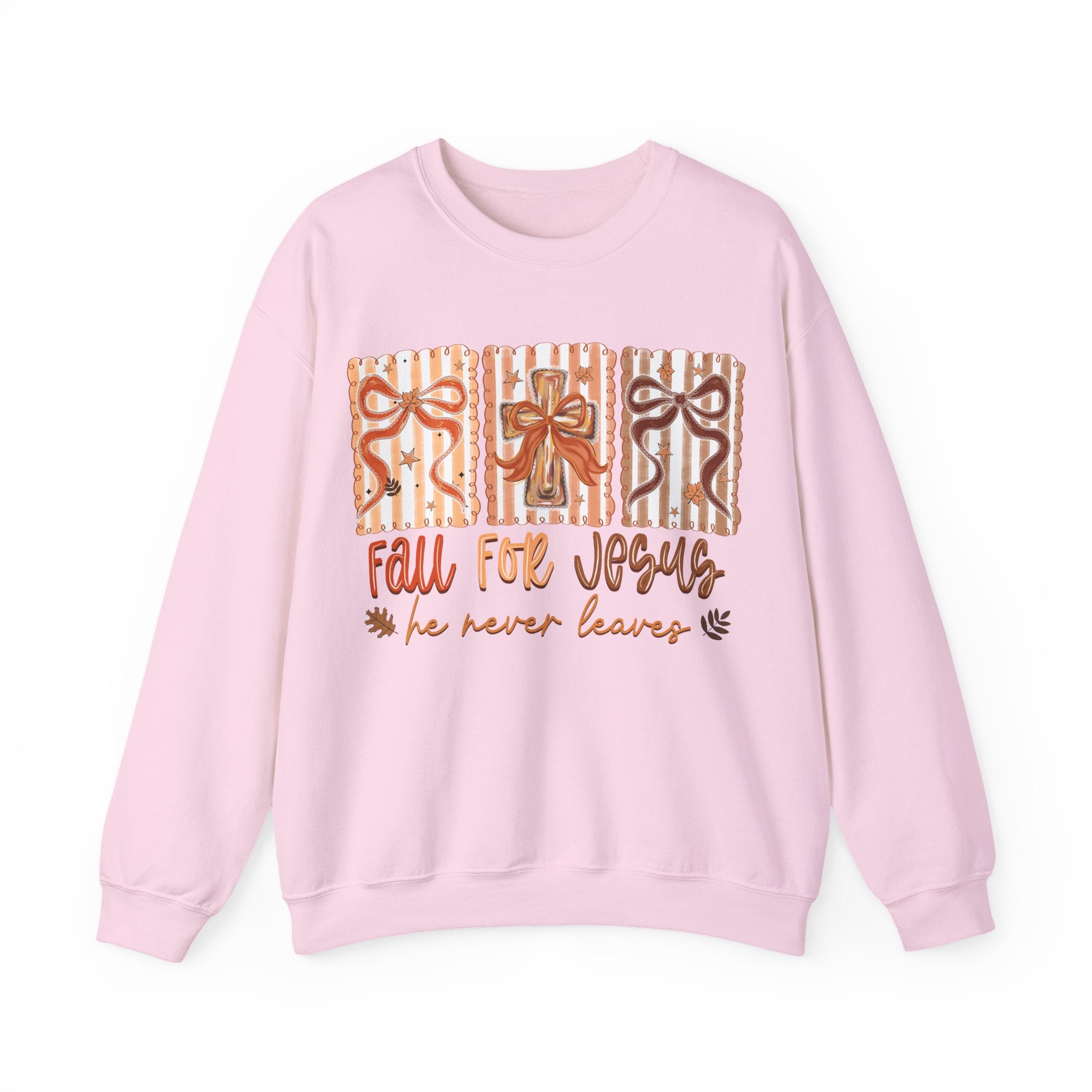 Fall for Jesus Crewneck Sweatshirt — Autumn Faith Pullover ("He Never Leaves")