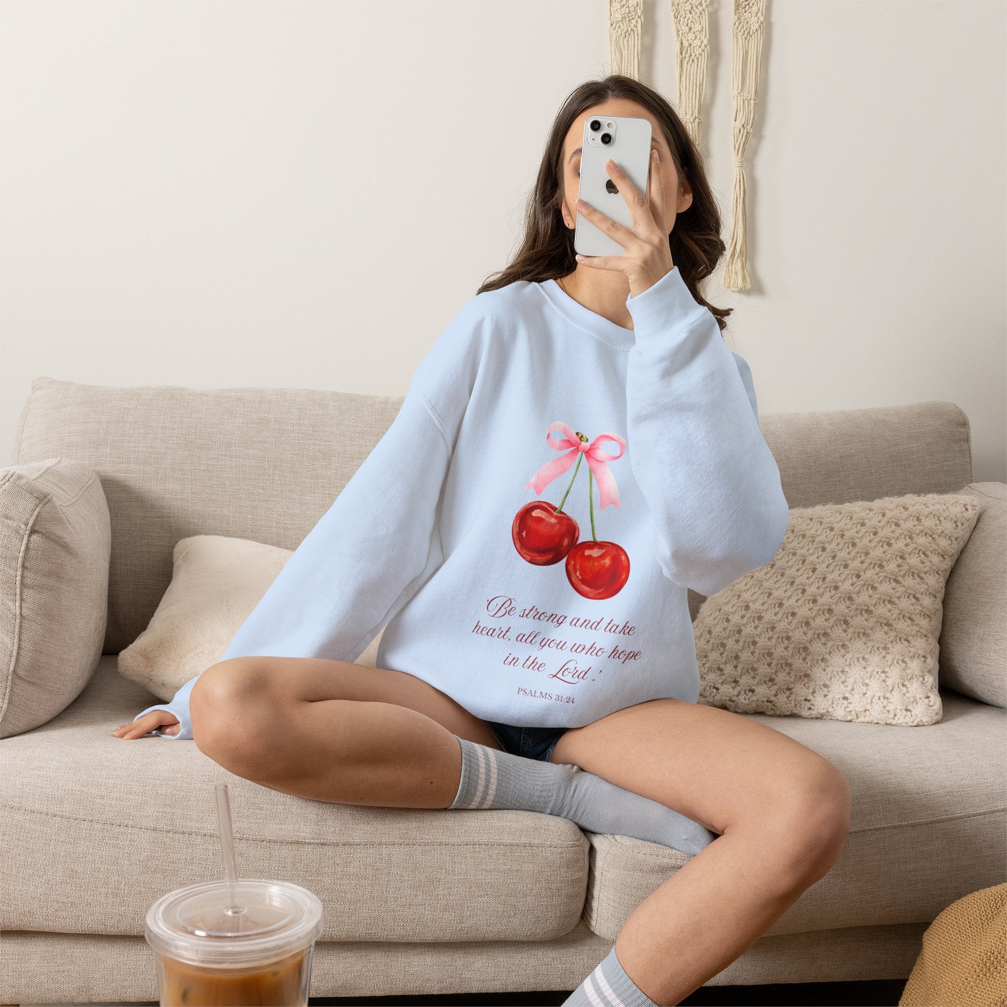 Cherry Watercolor Crewneck Sweatshirt — "Be strong and take heart; all you who hope in the Lord"