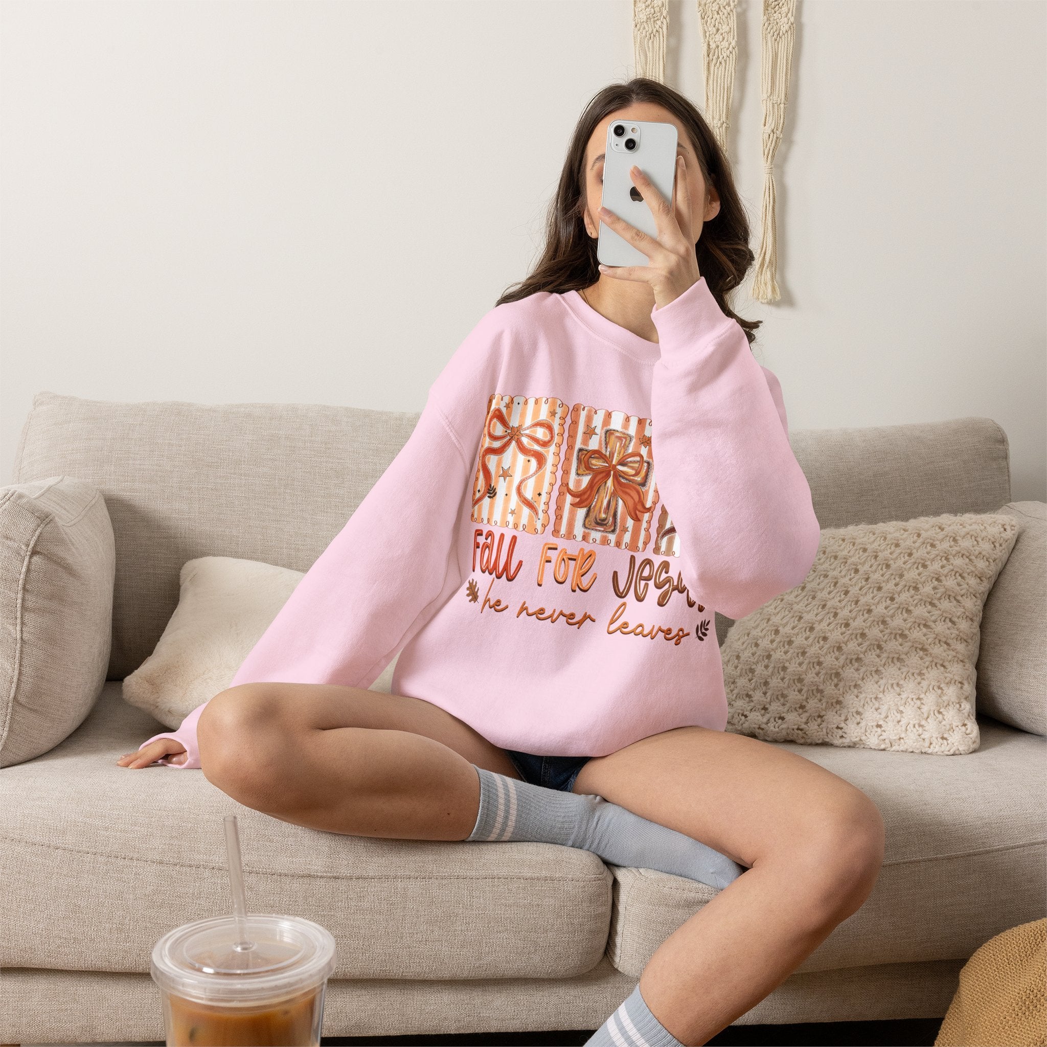 Fall for Jesus Crewneck Sweatshirt — Autumn Faith Pullover ("He Never Leaves")
