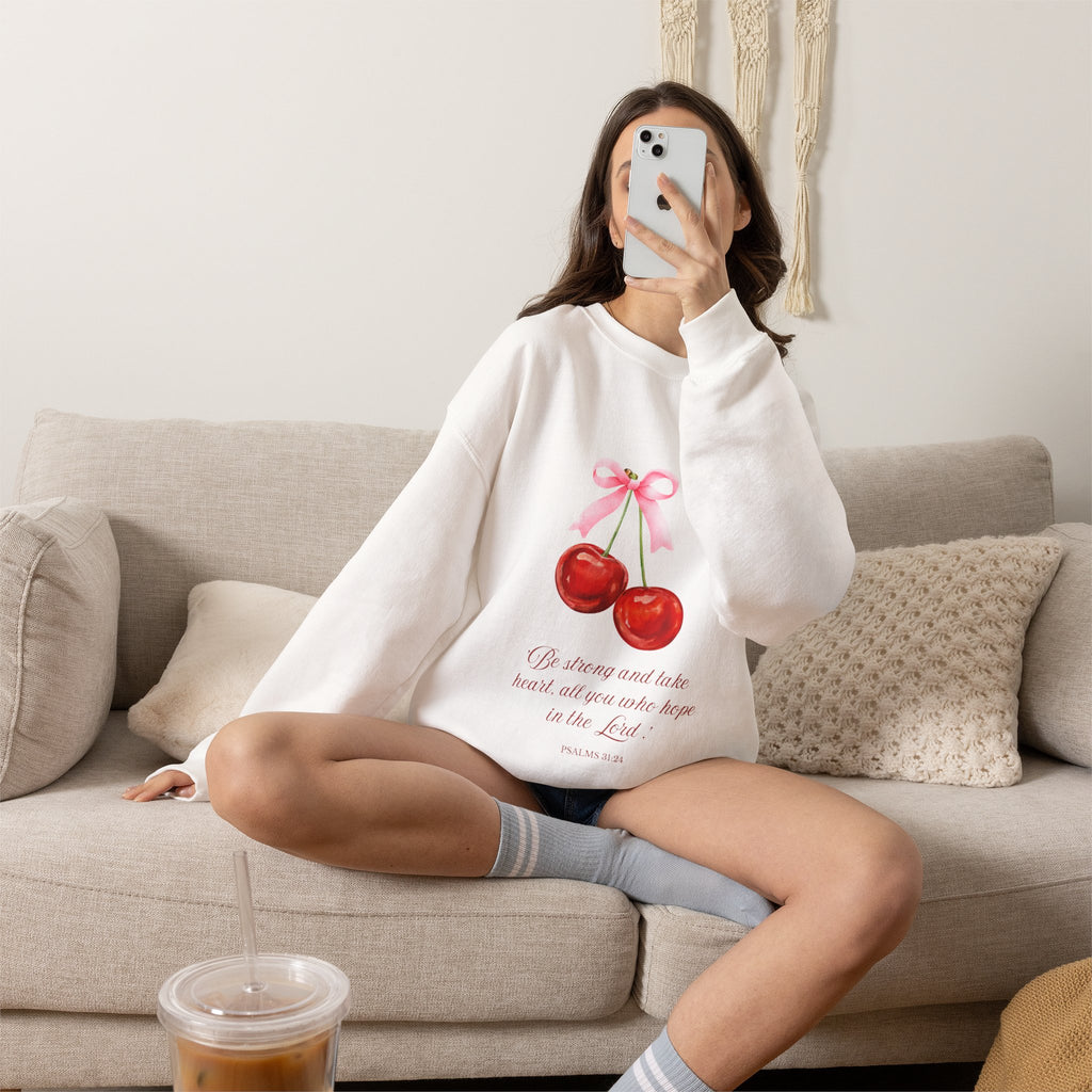 Cherry Watercolor Crewneck Sweatshirt — "Be strong and take heart; all you who hope in the Lord"