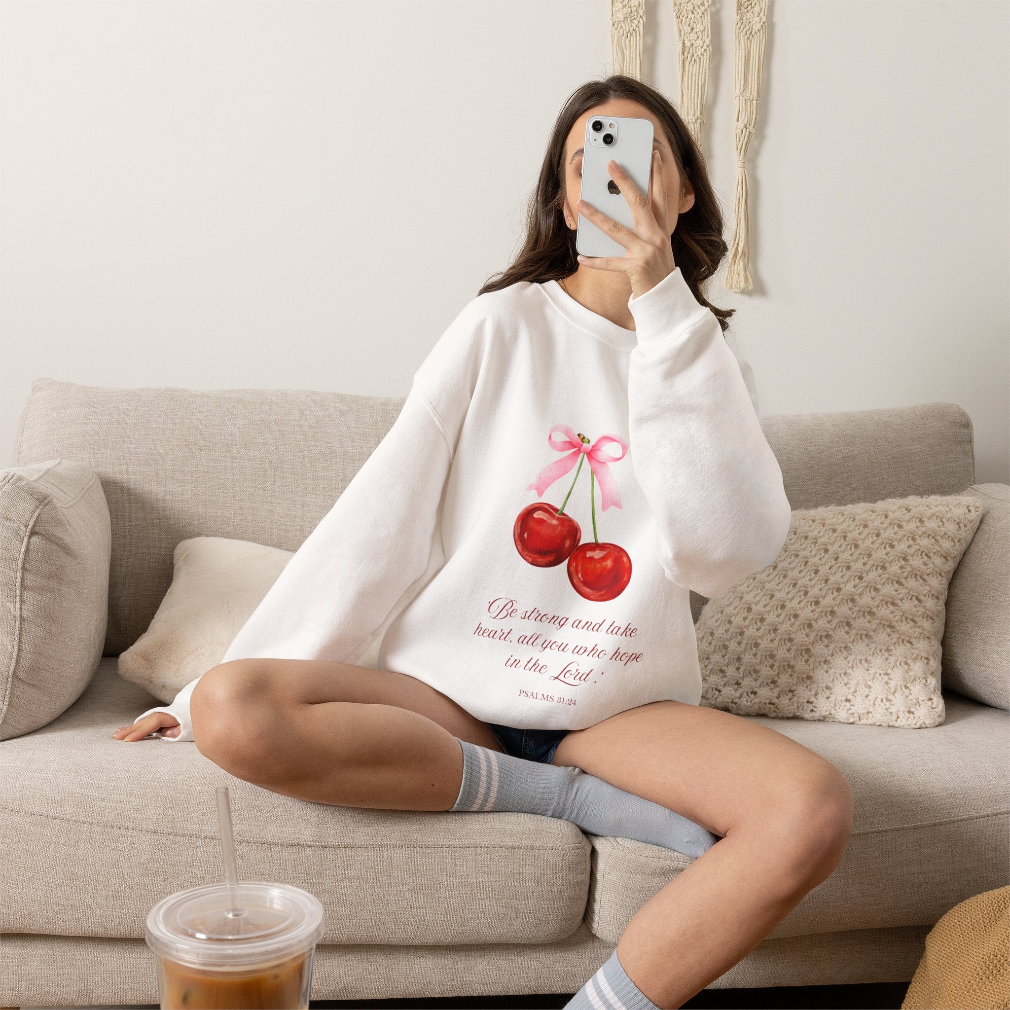 Cherry Watercolor Crewneck Sweatshirt — "Be strong and take heart; all you who hope in the Lord"