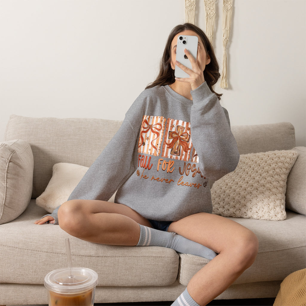 Fall for Jesus Crewneck Sweatshirt — Autumn Faith Pullover ("He Never Leaves")