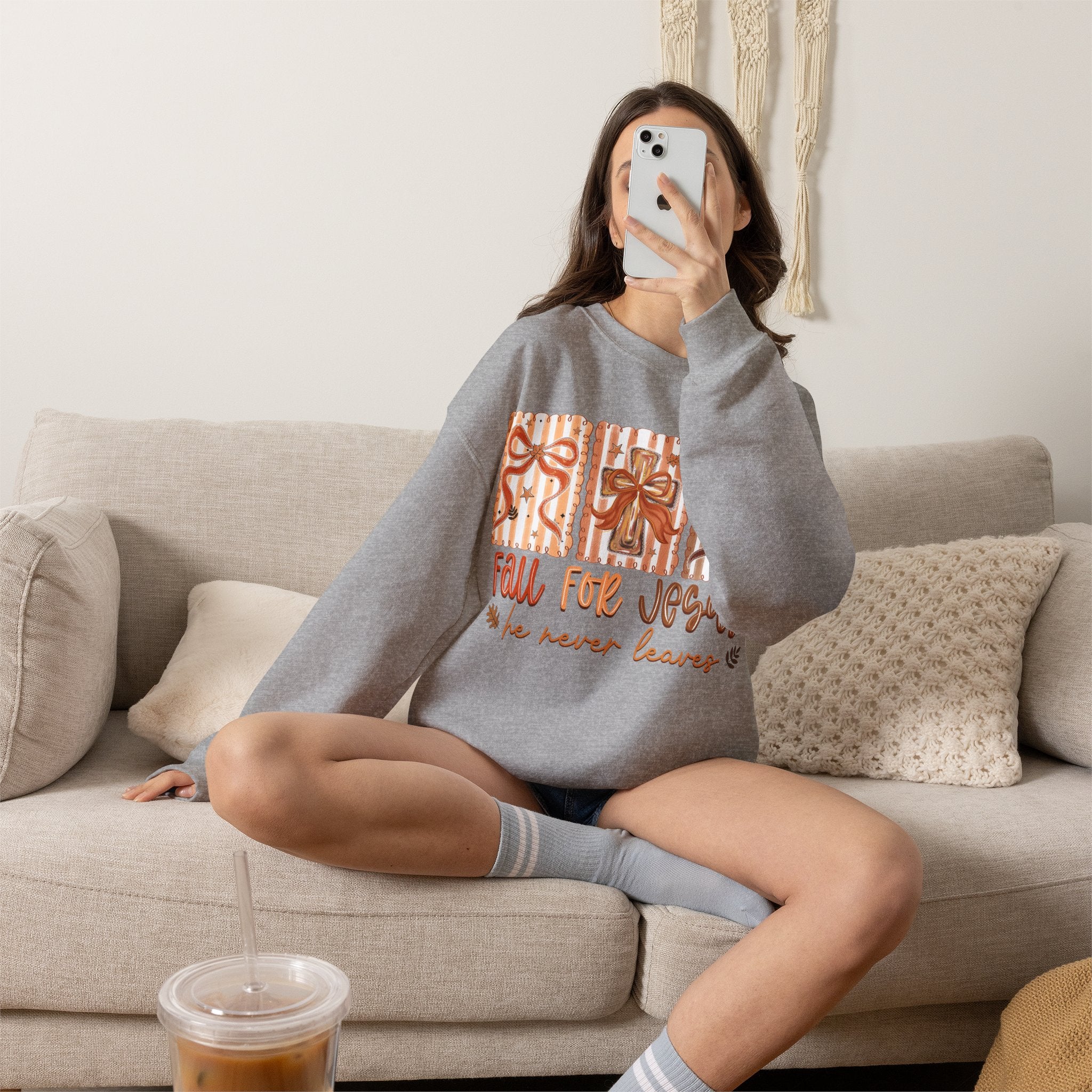 Fall for Jesus Crewneck Sweatshirt — Autumn Faith Pullover ("He Never Leaves")