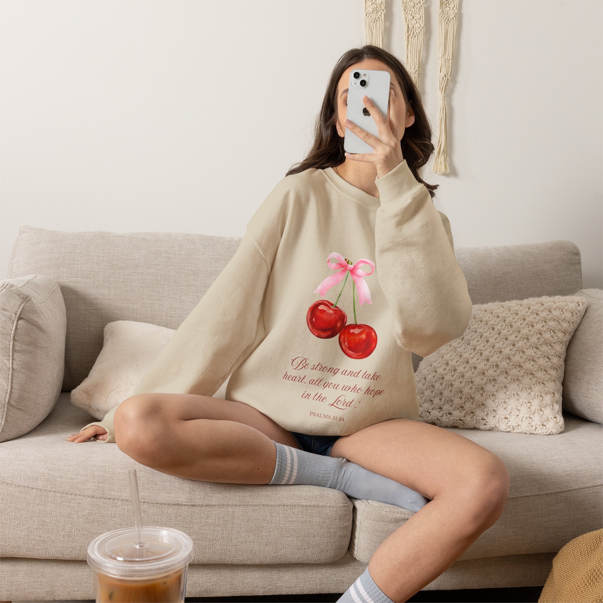 Cherry Watercolor Crewneck Sweatshirt — "Be strong and take heart; all you who hope in the Lord"