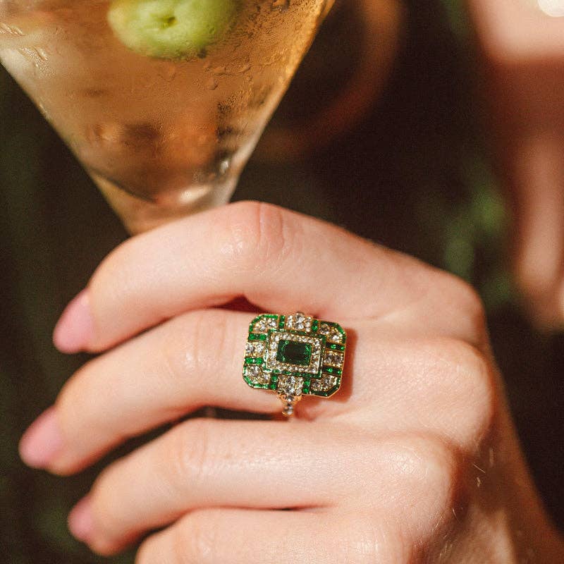 "Chrysler" Art Deco Emerald Cocktail Ring