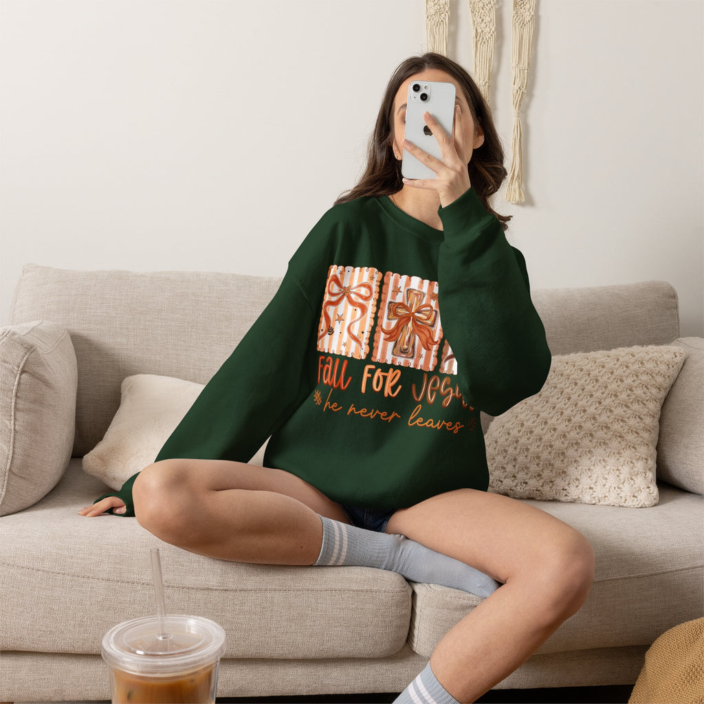 Fall for Jesus Crewneck Sweatshirt — Autumn Faith Pullover ("He Never Leaves")