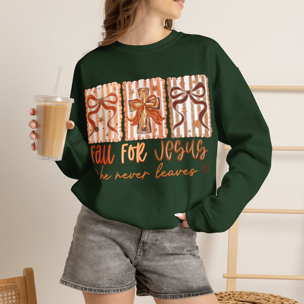 Fall for Jesus Crewneck Sweatshirt — Autumn Faith Pullover ("He Never Leaves")