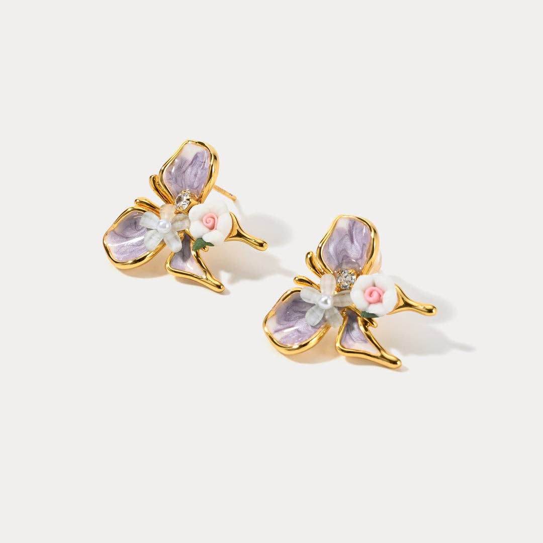 "Lila" Enameled Butterfly & Blossom Stud Earrings