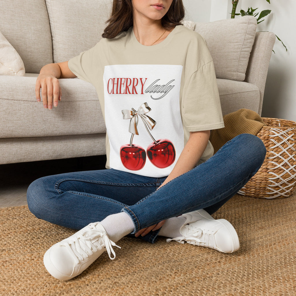 Cherry Lady T‑Shirt — Retro Cherry Graphic Tee with Script Text