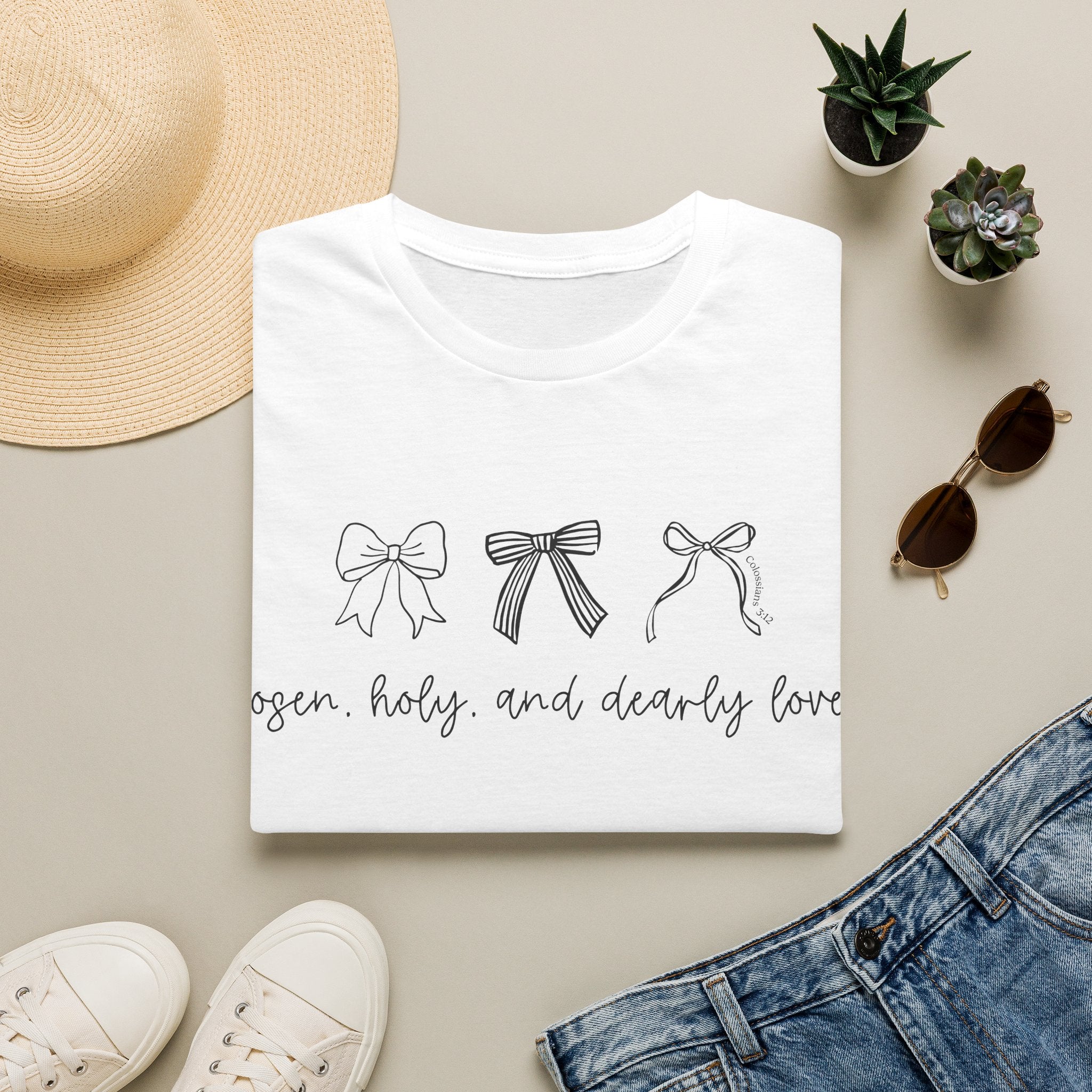 T-Shirt — 'Rejoice, Holy, and Dearly Loved' Bow Graphic Tee