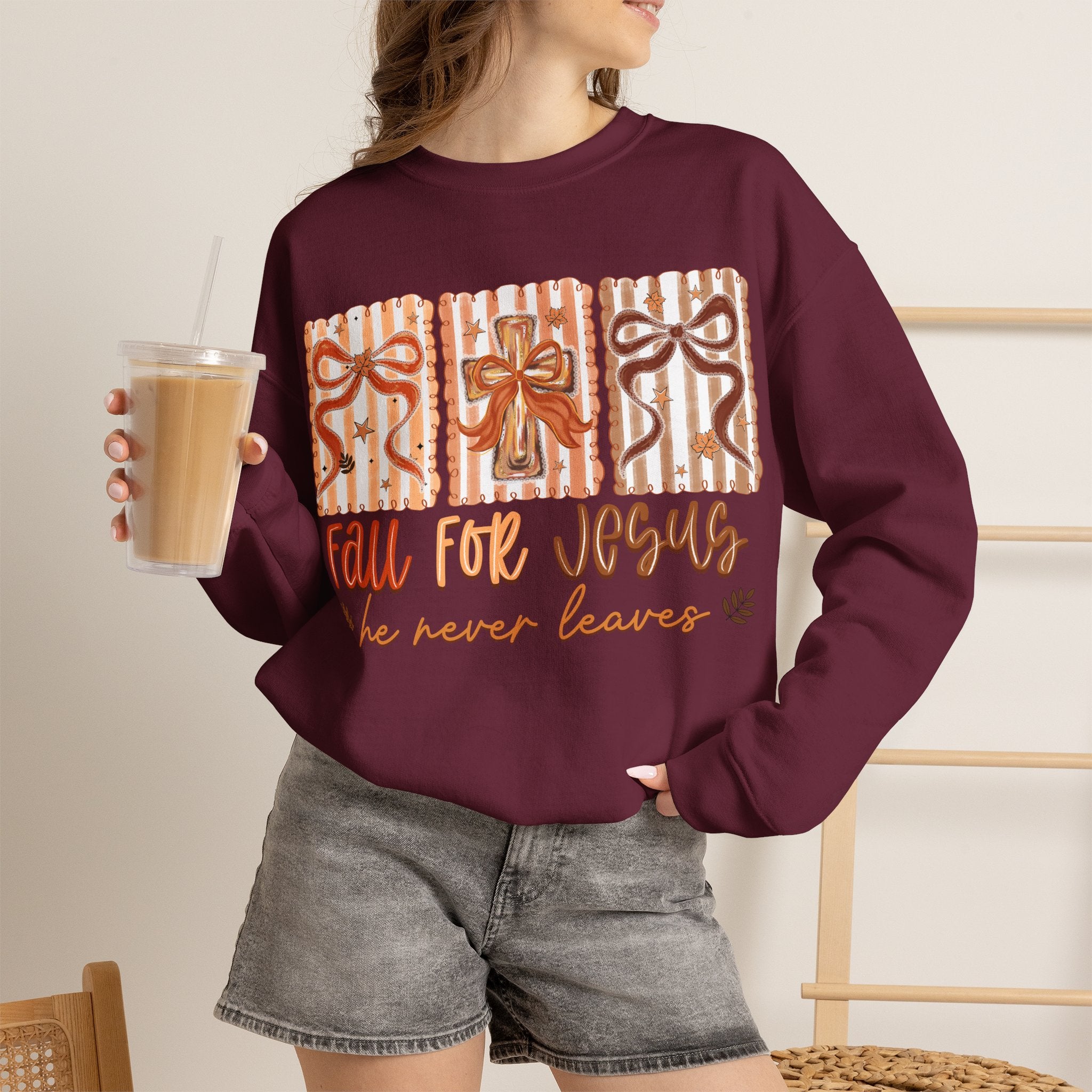 Fall for Jesus Crewneck Sweatshirt — Autumn Faith Pullover ("He Never Leaves")
