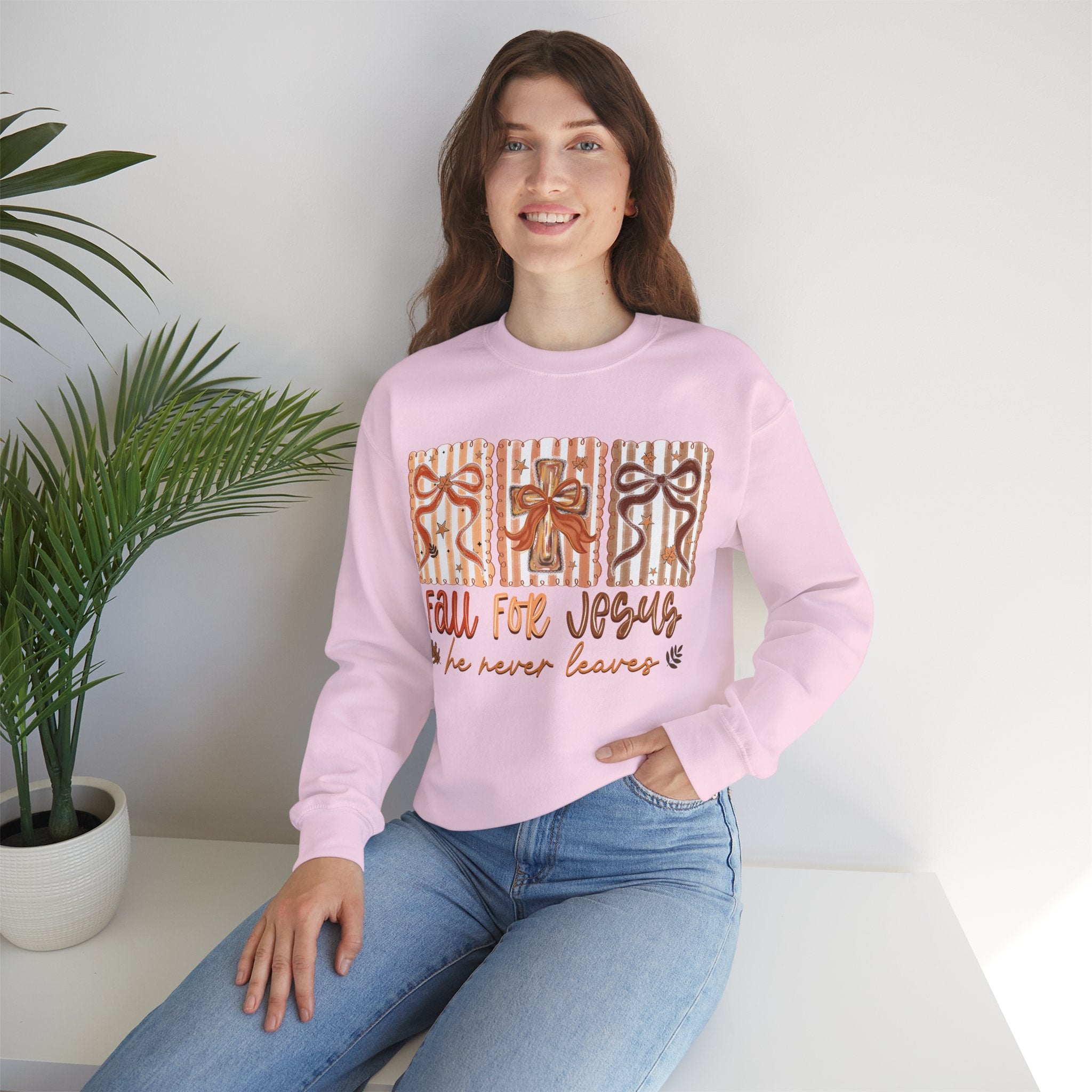Fall for Jesus Crewneck Sweatshirt — Autumn Faith Pullover ("He Never Leaves")