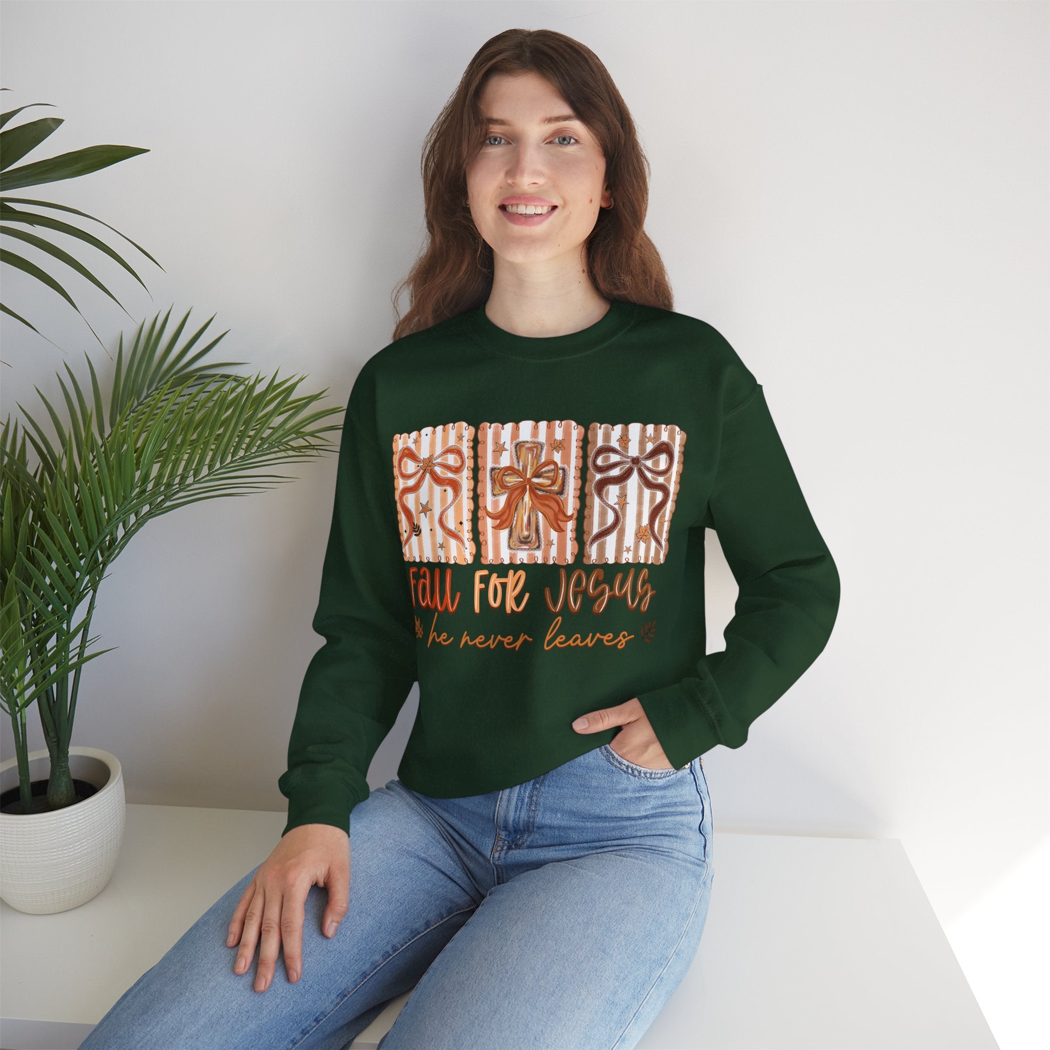 Fall for Jesus Crewneck Sweatshirt — Autumn Faith Pullover ("He Never Leaves")