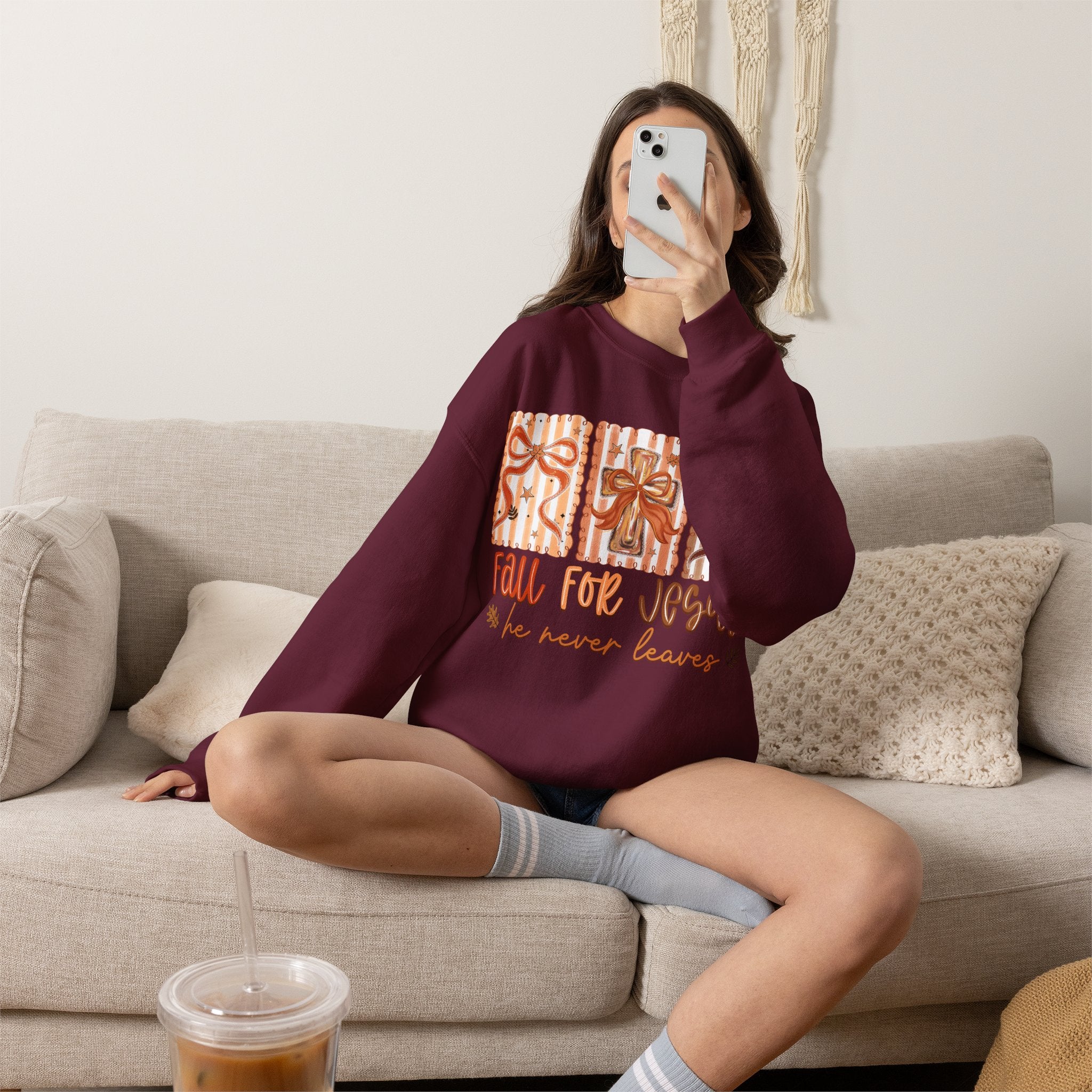 Fall for Jesus Crewneck Sweatshirt — Autumn Faith Pullover ("He Never Leaves")
