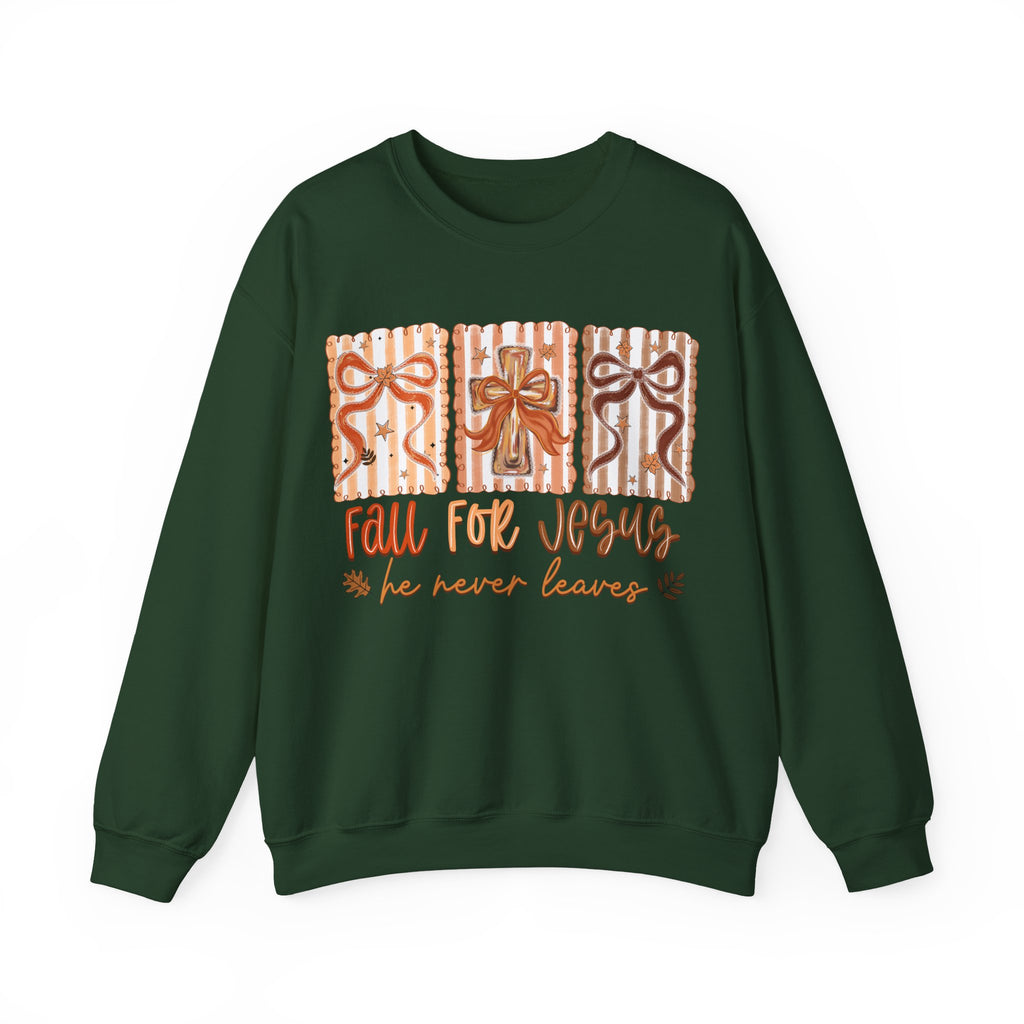 Fall for Jesus Crewneck Sweatshirt — Autumn Faith Pullover ("He Never Leaves")