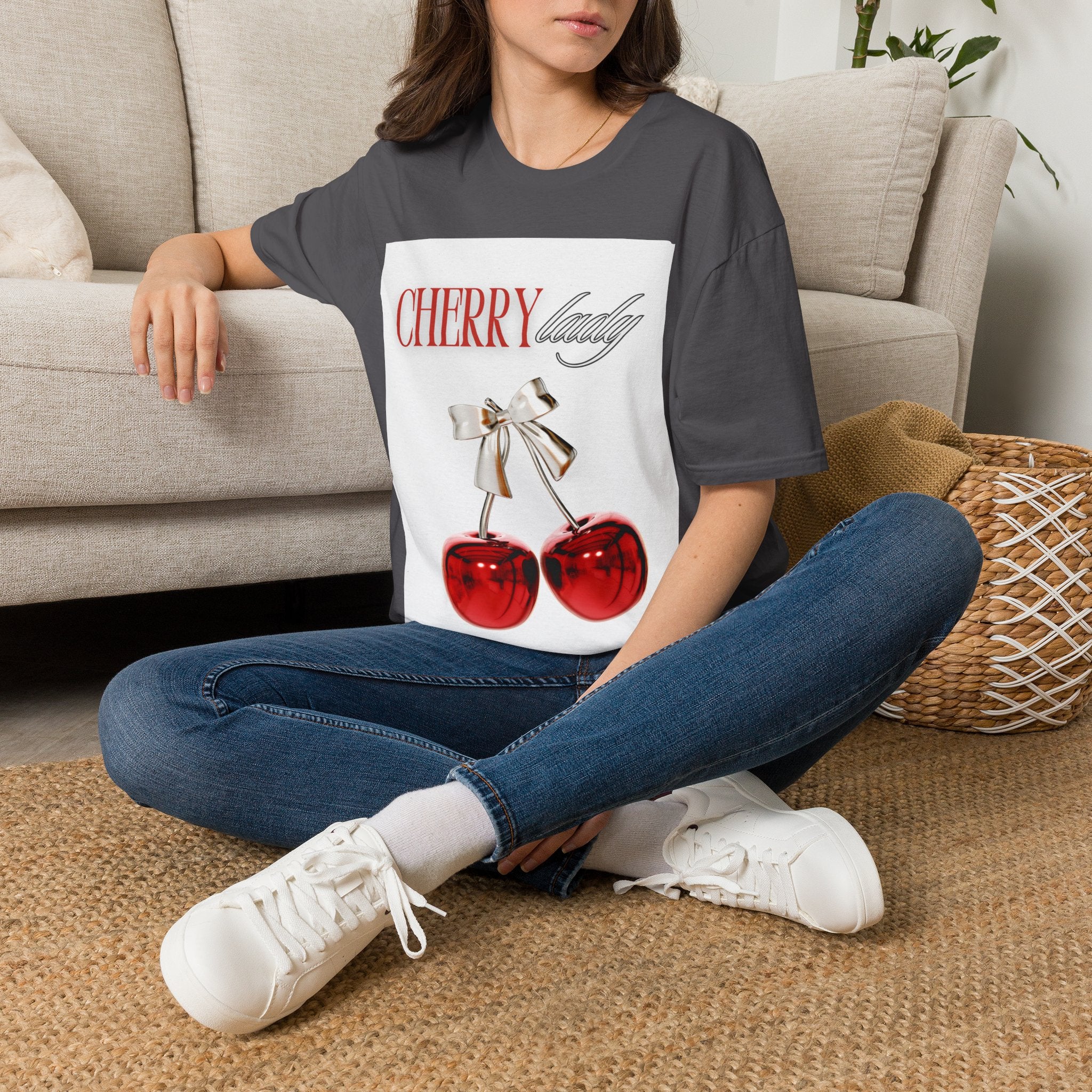 Cherry Lady T‑Shirt — Retro Cherry Graphic Tee with Script Text