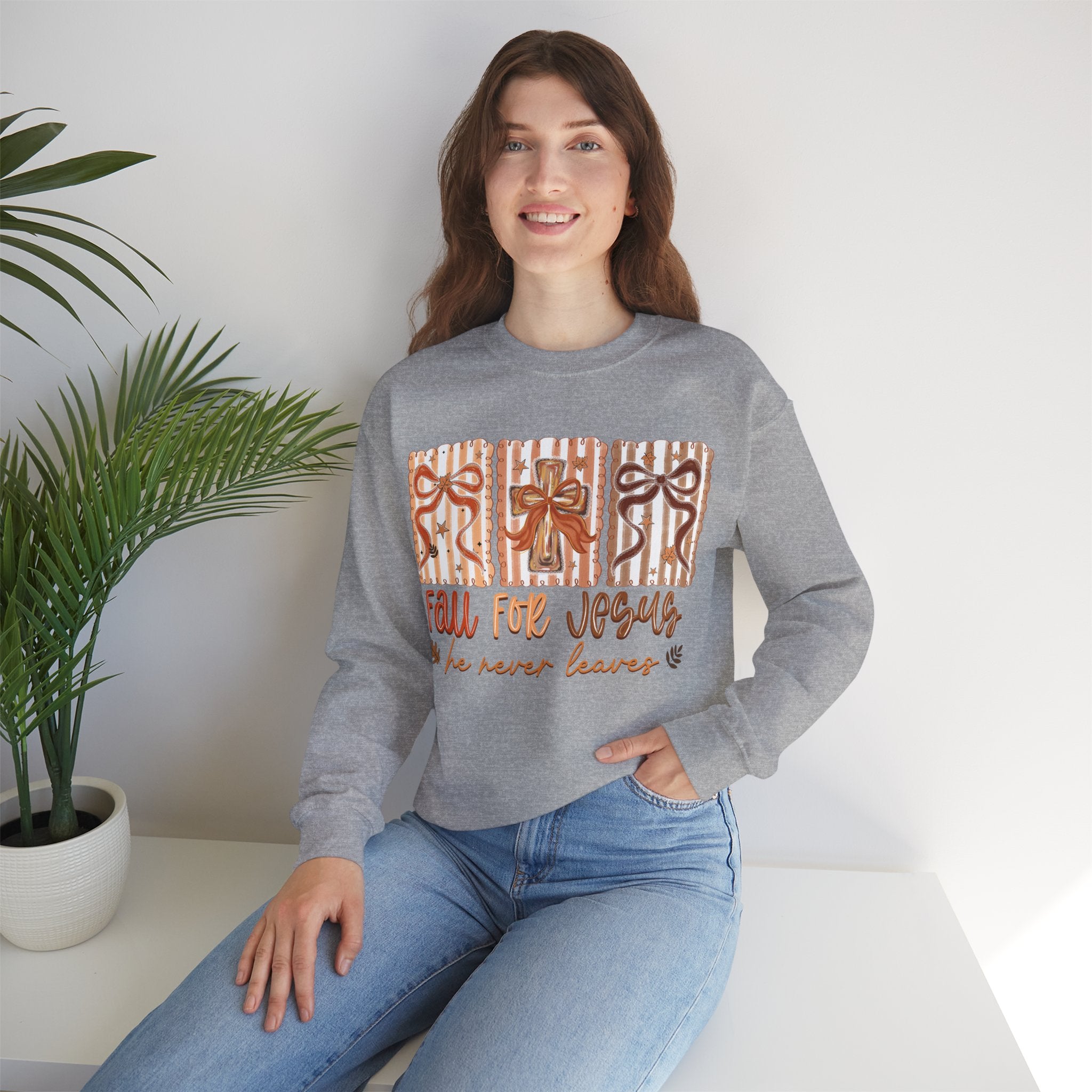 Fall for Jesus Crewneck Sweatshirt — Autumn Faith Pullover ("He Never Leaves")