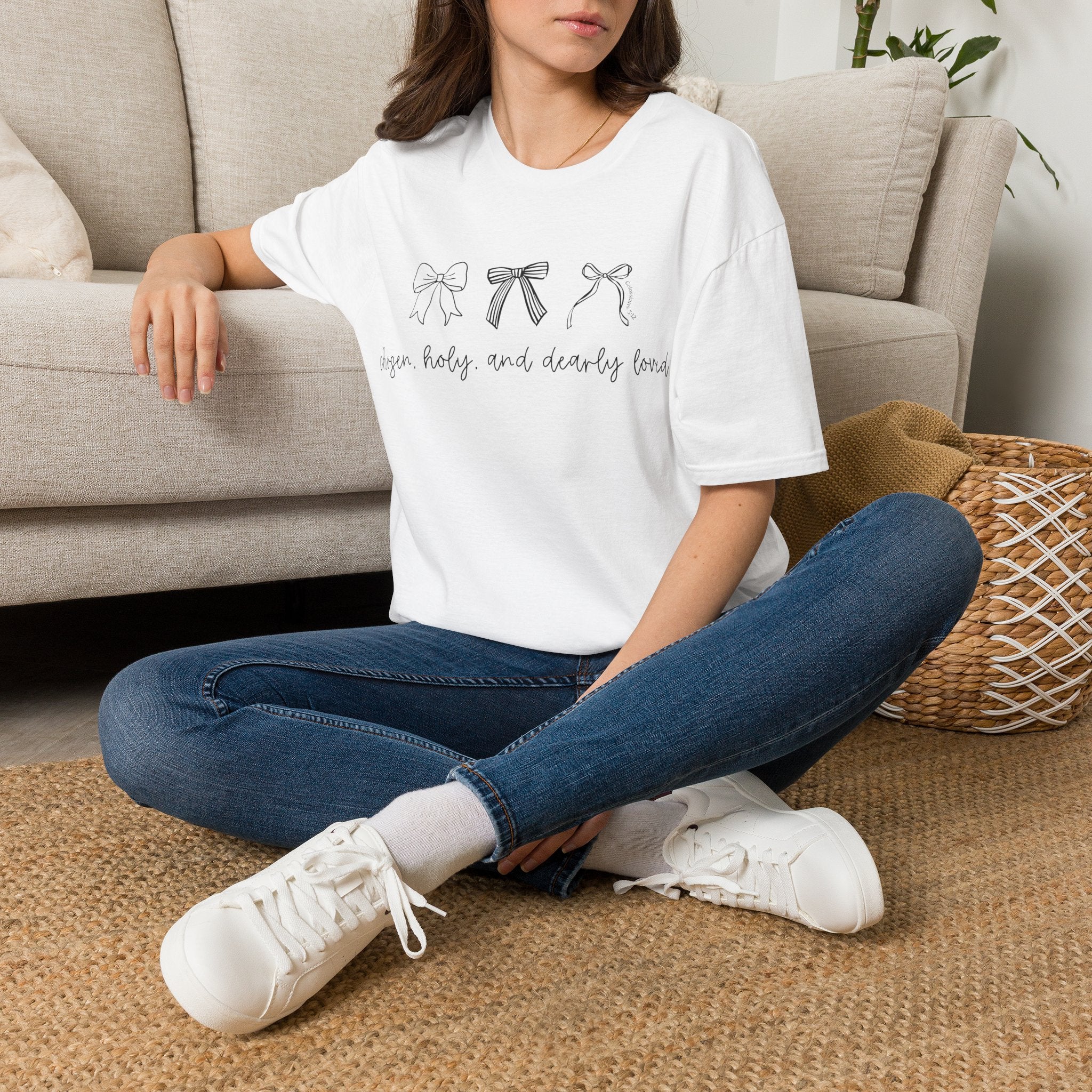 T-Shirt — 'Rejoice, Holy, and Dearly Loved' Bow Graphic Tee