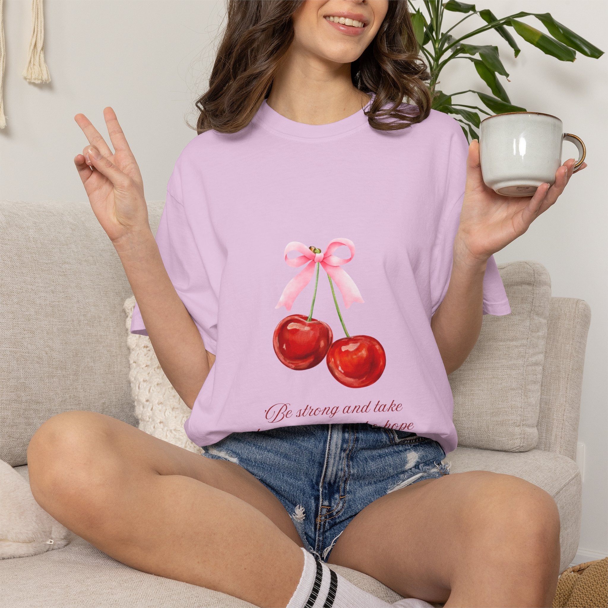 Cherry Illustration T-Shirt — "Be strong and take heart; all you who hope in the Lord" Christian Scripture Tee