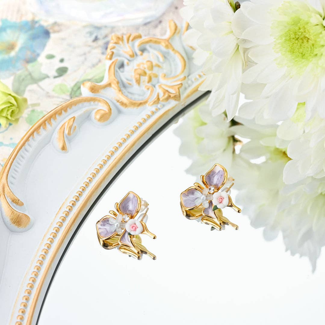 "Lila" Enameled Butterfly & Blossom Stud Earrings