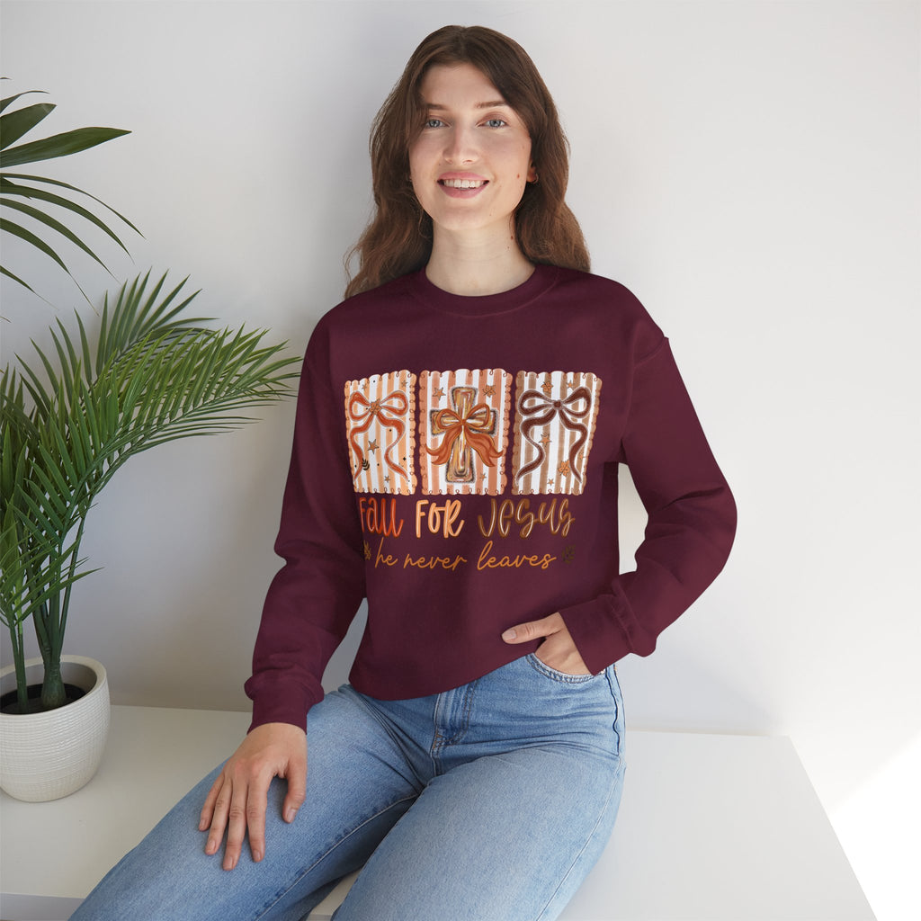Fall for Jesus Crewneck Sweatshirt — Autumn Faith Pullover ("He Never Leaves")