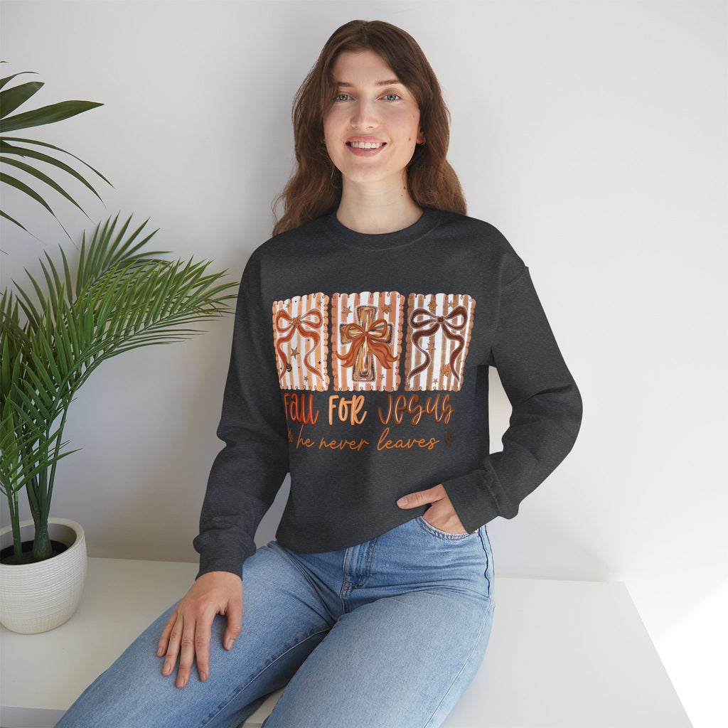 Fall for Jesus Crewneck Sweatshirt — Autumn Faith Pullover ("He Never Leaves")