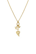 A gold-plated stainless steel necklace featuring a cluster of three charms including a large hammered heart, a smooth puffed heart, and a mini charm on a delicate chain against a white background. amara-multi-charm-cluster-heart-necklace.webp