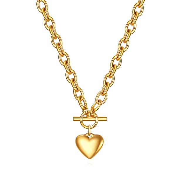 A chunky 18K gold link chain necklace featuring a front toggle clasp and a smooth, polished puffed heart pendant on a crisp white background.