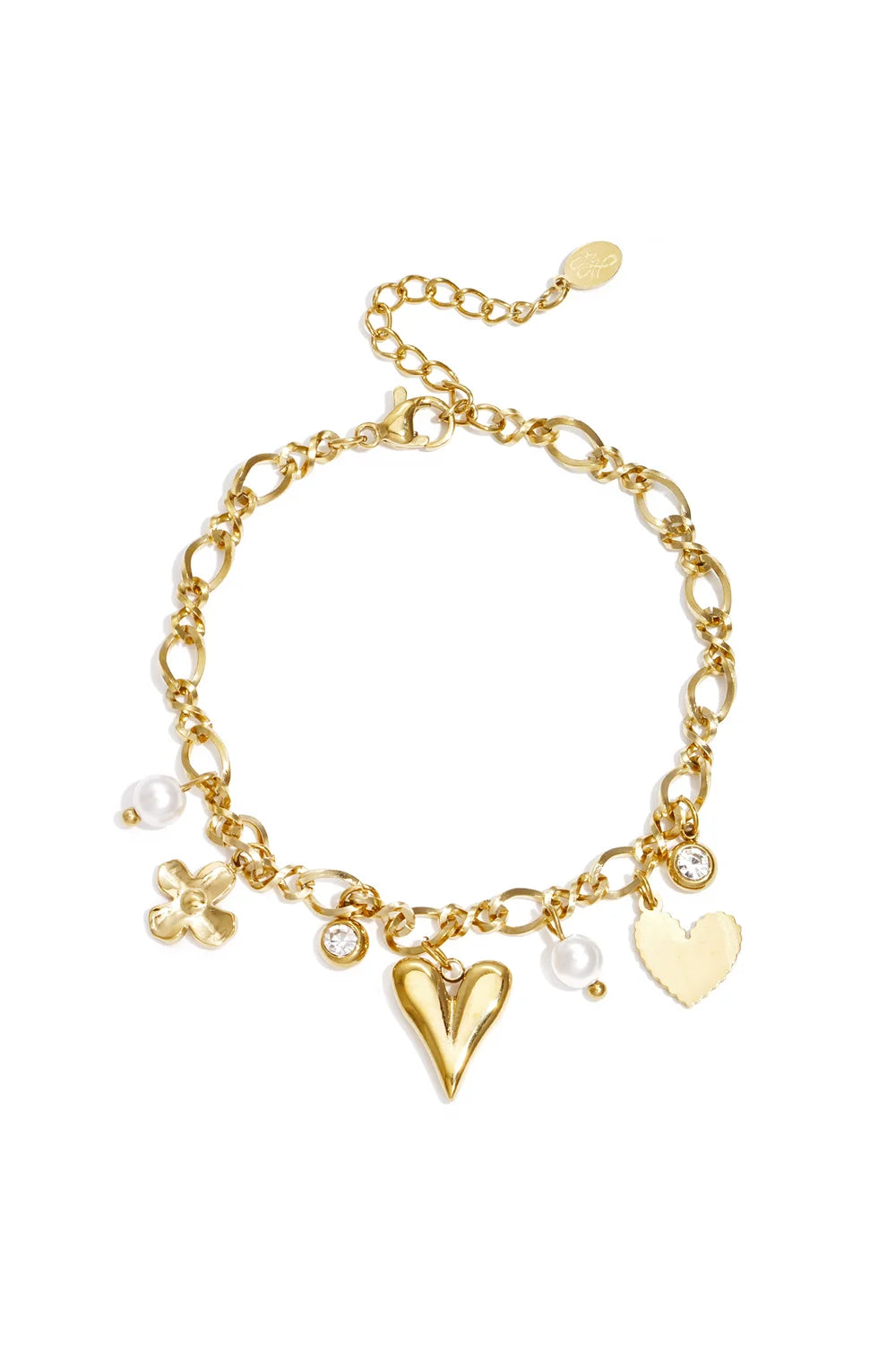 A gold-plated charm bracelet featuring a figure-eight link chain decorated with a central 3D puffy heart, a flat scalloped heart, a four-petal flower bloom, clear bezel crystals, and dangling white pearl beads. amour-cherie-charm-bracelet.webp