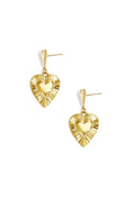 A pair of gold-plated drop earrings featuring a small heart-shaped stud suspending a larger three-dimensional heart charm with a smooth center and a textured fluted sunburst border. amour-heart-earrings.webp